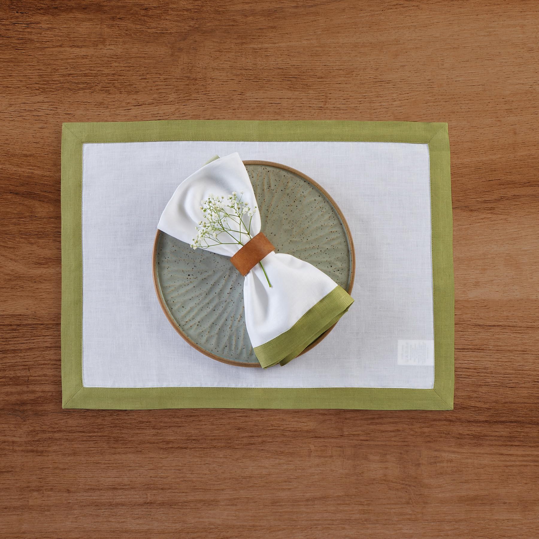 Solino Home Linen Placemats Set Of 4-100% Pure Linen Cloth Fabric Placemats Avocado And White - 19'' L X 14'' W Inch Washable Di