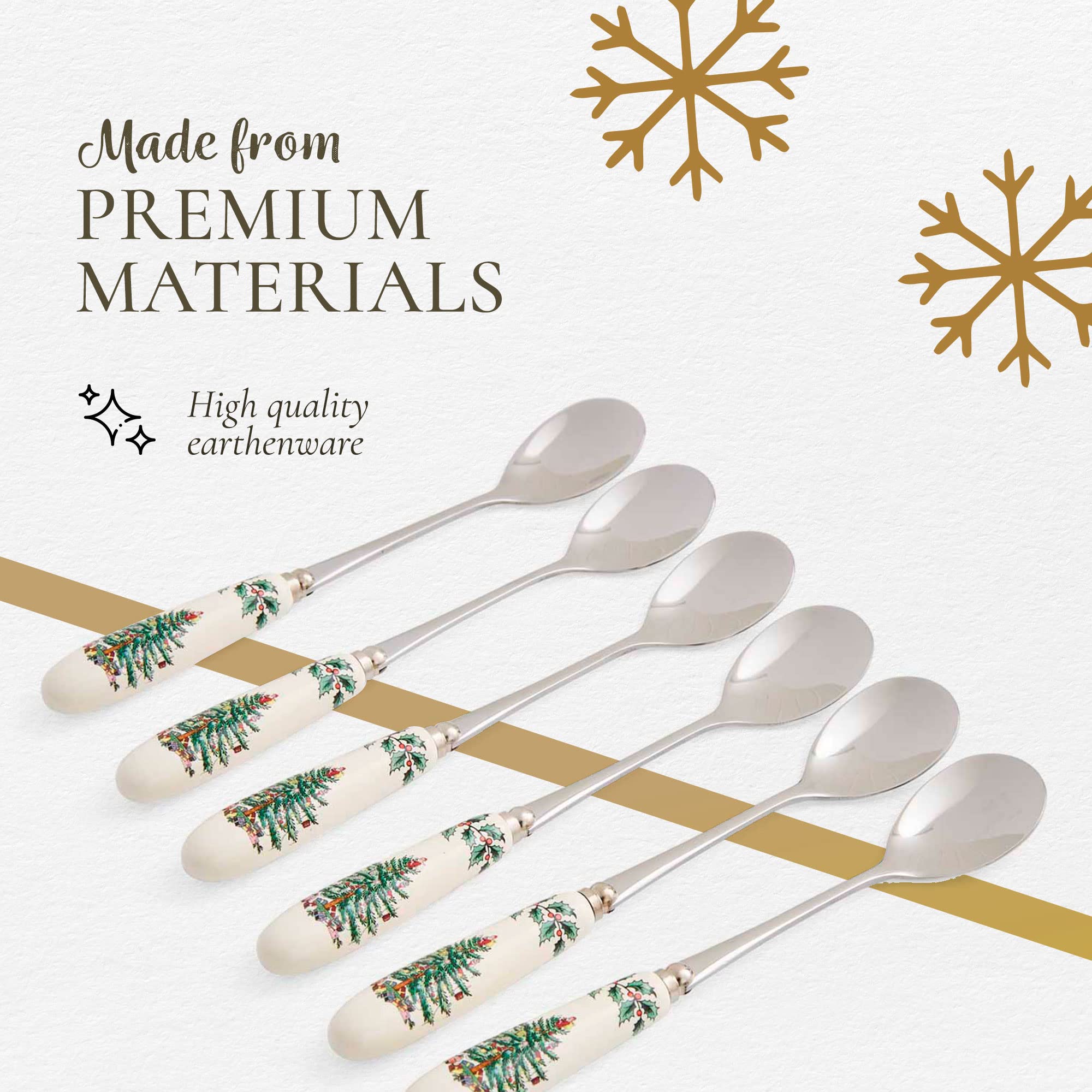 Portmeirion Christmas Tree Collection Teaspoons, Set Of 6, Holiday Silverware, Dessert Spoons, Flatware, Made Of Porcelain And S