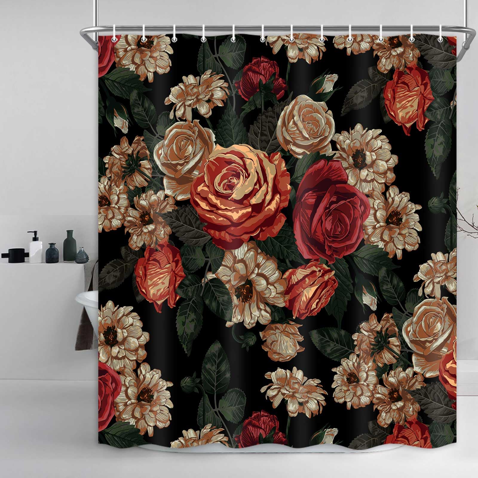 Drgilau Floral Shower Curtains, Vintage Floral Shower Curtain Set Red Flower Plants Bathroom Curtain, Boho Floral Bath Curtain S