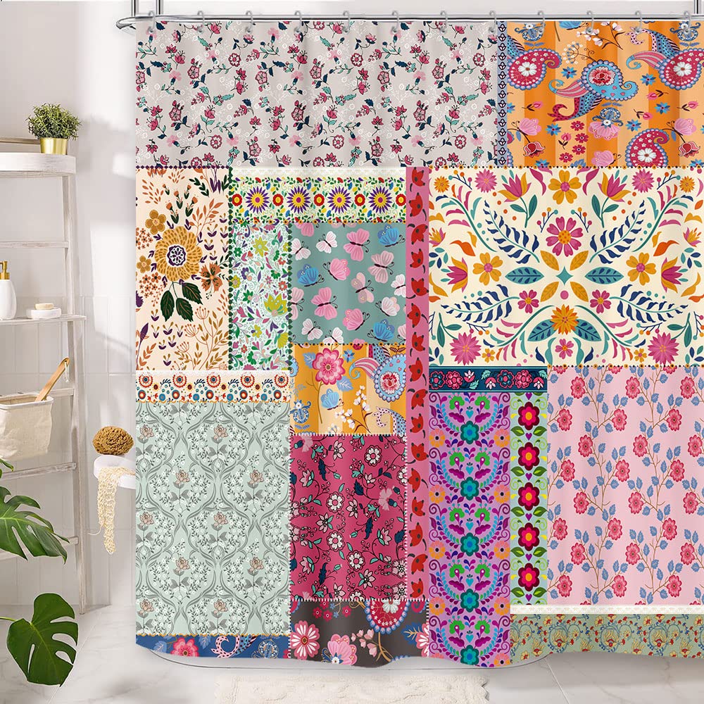 Boho Patchwork Shower Curtain, Vintage Bohemian Paisley Stitching Floral Shower Curtain Art With Hooks, Retro Farmhouse Cottage