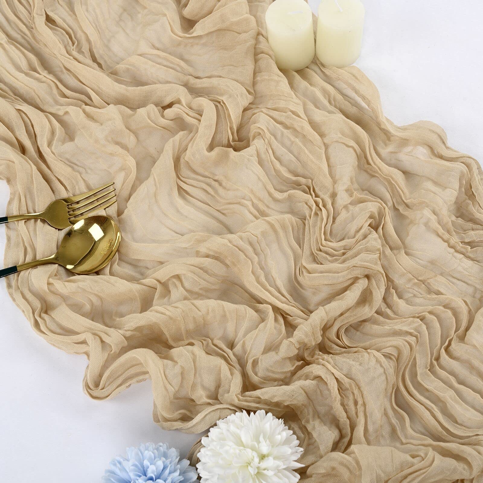 10 Pcs Beige Cheesecloth Table Runner 10Ft, Gauze Table Runner For Wedding Reception Sheer Bridal Shower Birthday Party Boho Tab