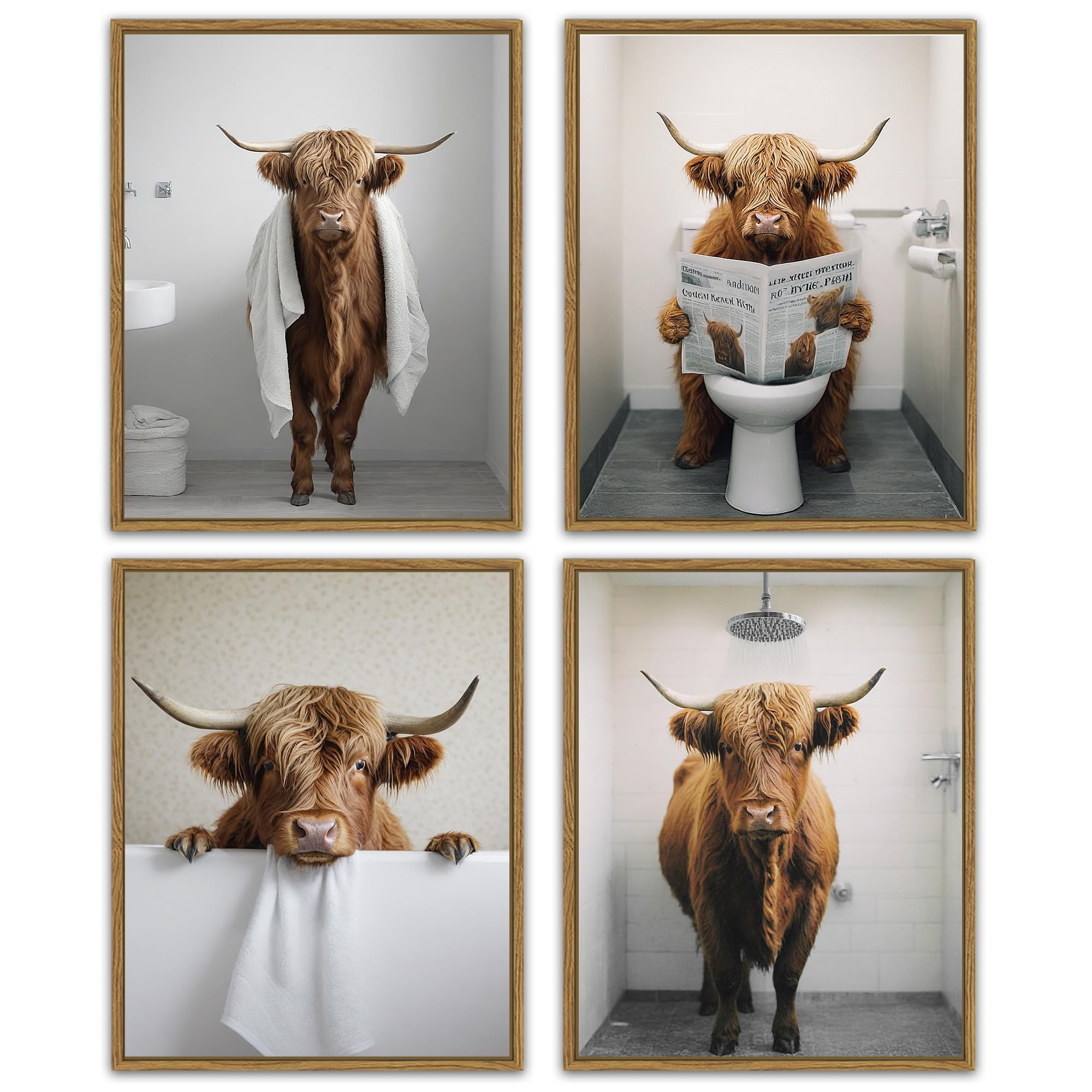 Funny Highland Cow Bathroom Wall Art Framed Rustic Cute Bathroom Canvas Prints For Bathroom Restroom Decor 8X10In (Framed)