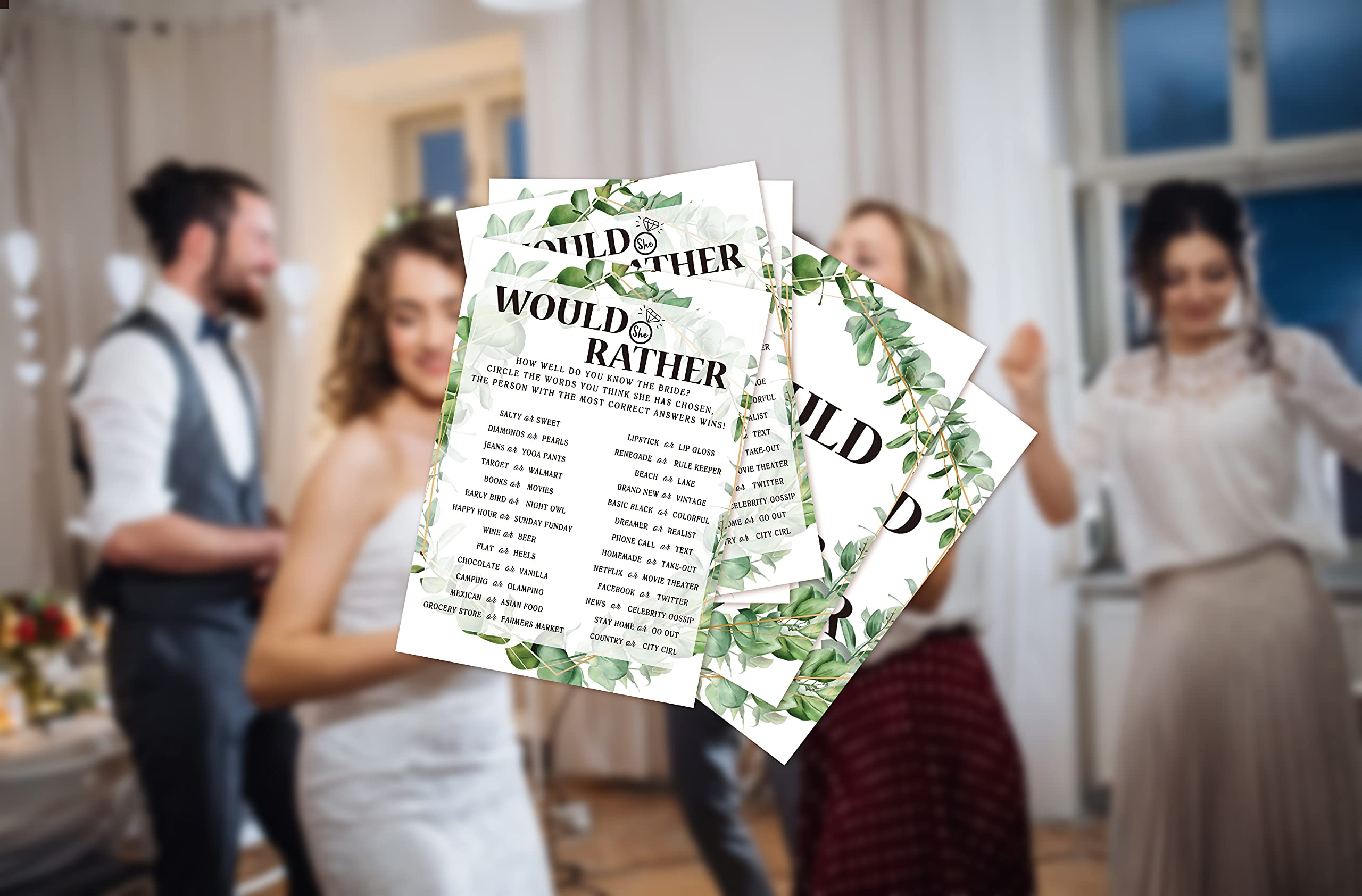 Bridal Shower Game Cards, Would She Rather Game, Tropical Jungle Theme Engagement Party Cards For Wedding, Set Of 30 Cards(Leaf0