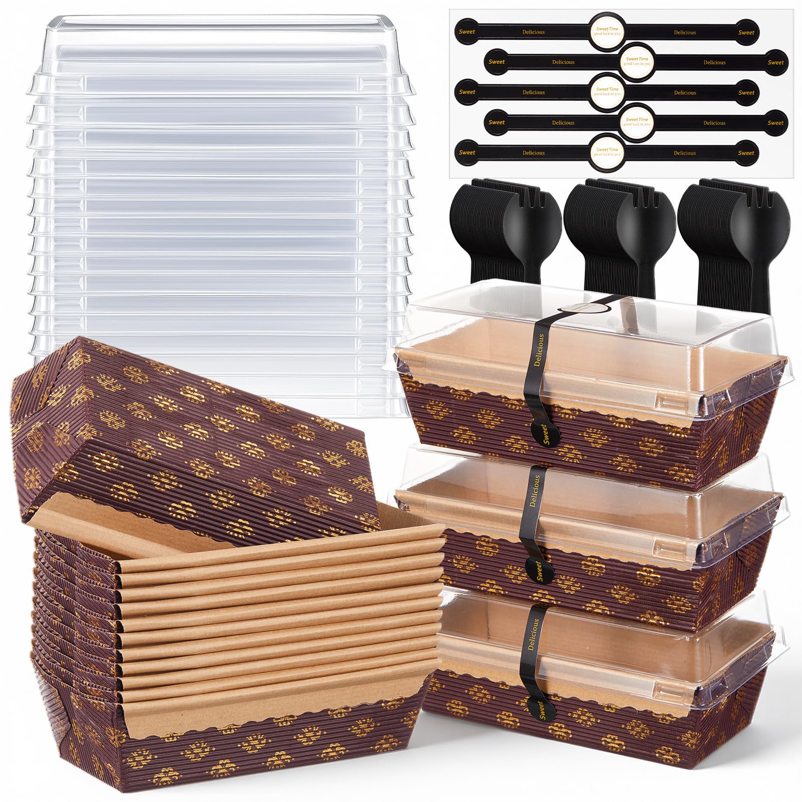 Teecyhooo 50 Set Disposable Paper Bread Pans Baking Loaf Pan with Lids
