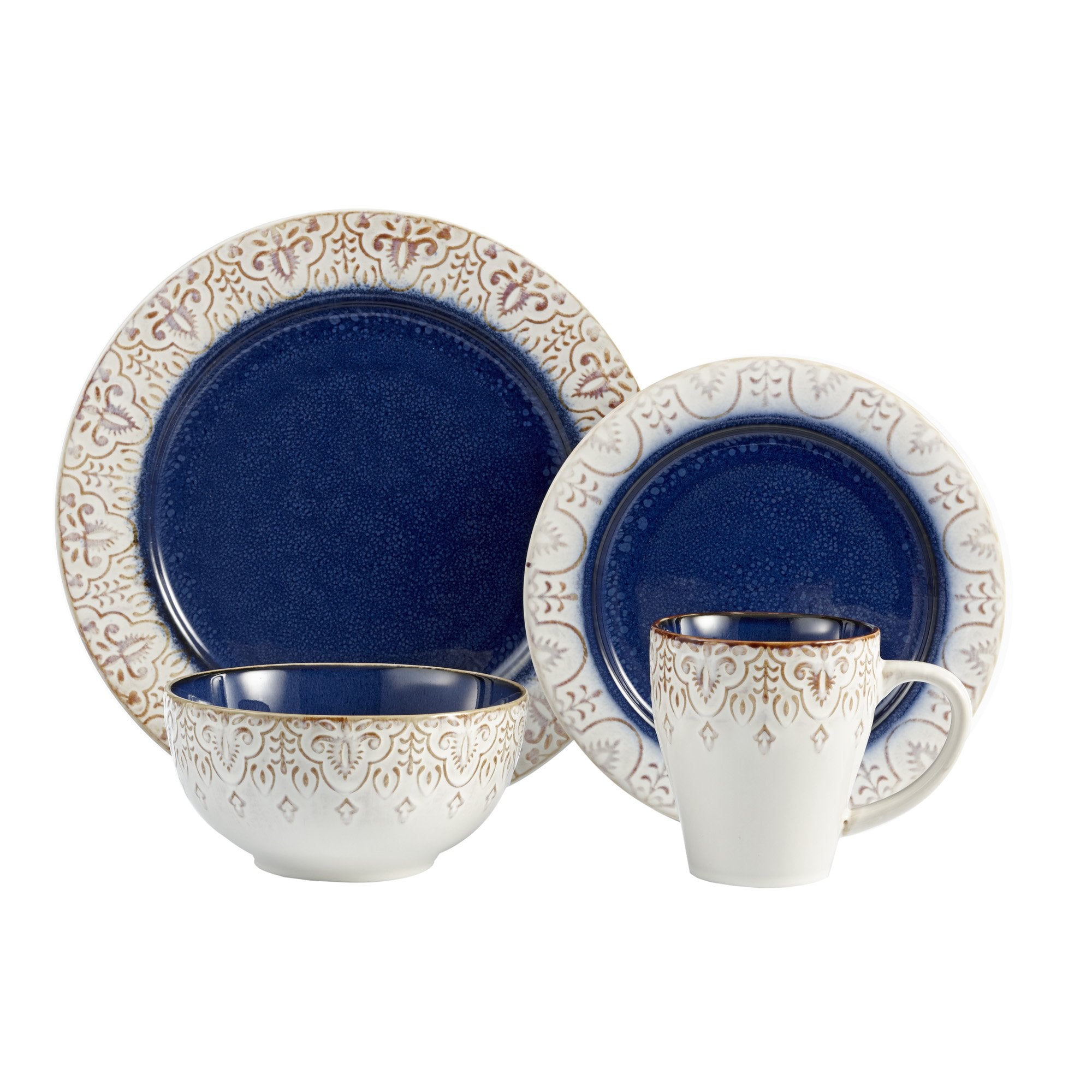 American Atelier Round Dinnerware Sets | Blue Kitchen Plates, Bowls, and Mugs | 16 Piece Stoneware Granada Collection | Dishwash