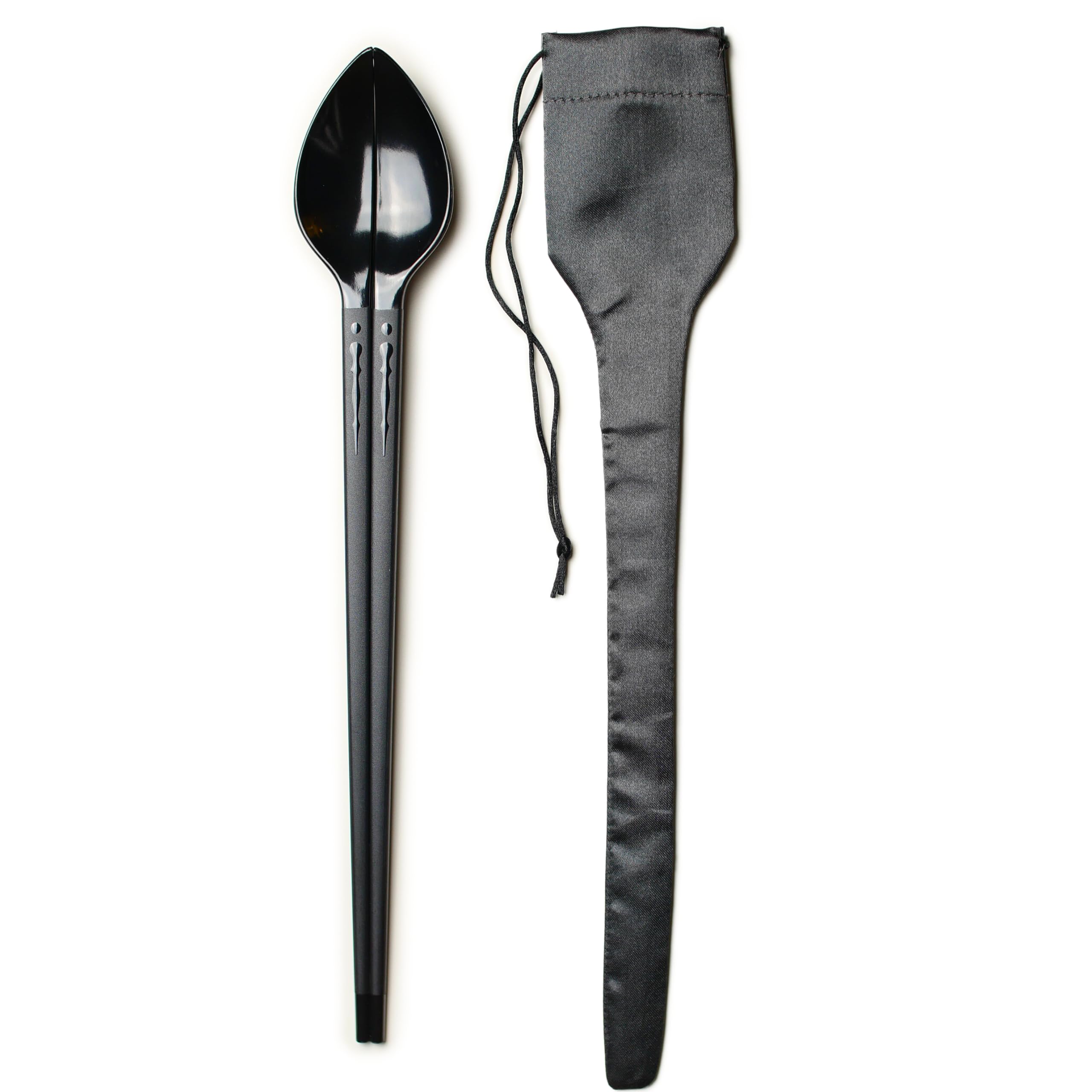 Spoon-Forming Bidirectional Chopsticks With Soft Carrying Pouch (Reusable, One Pair, Black, 2024 Edition W/Tighter Seam)
