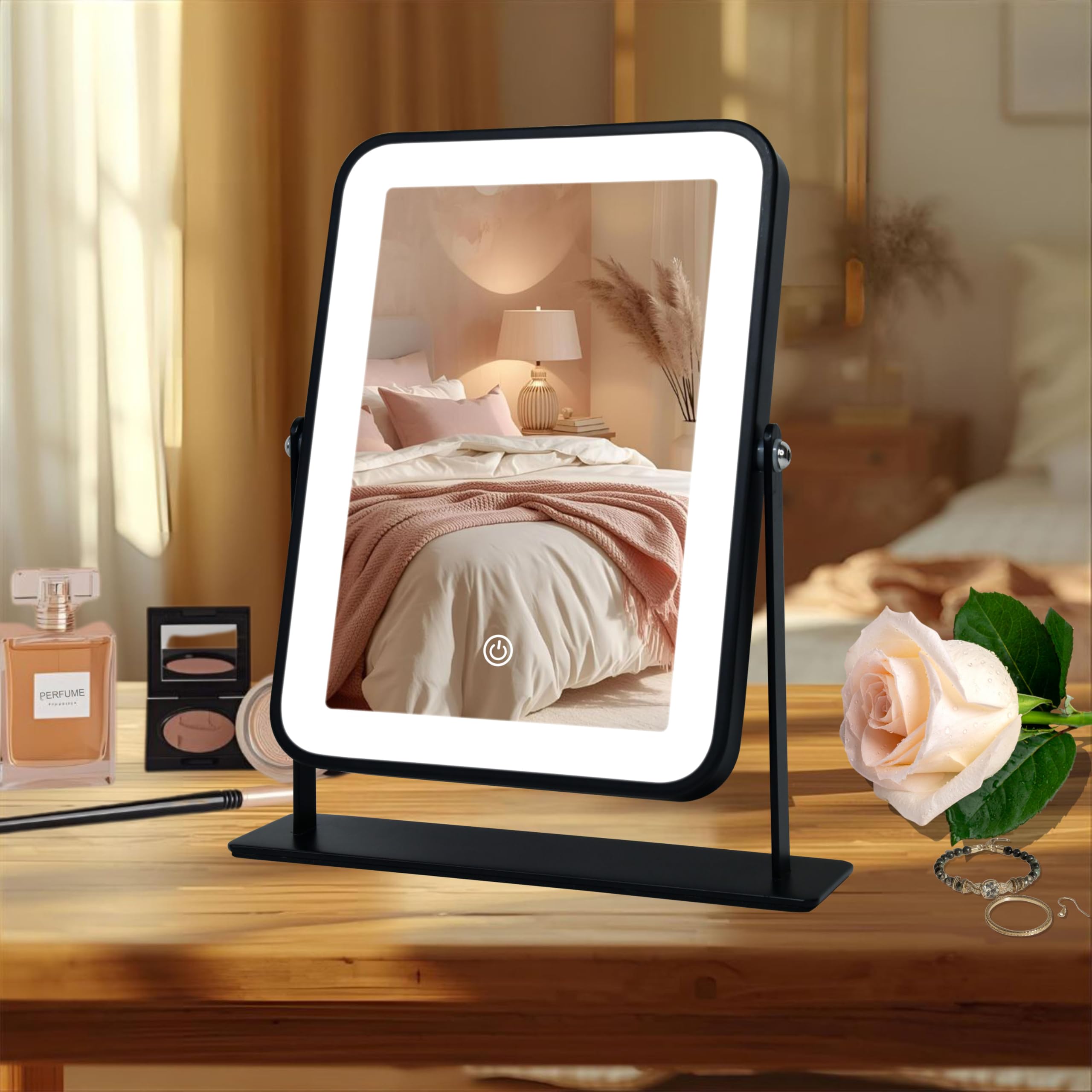 LAKFUES 11x9 Rechargeable Desktop Makeup Mirror with LED Lights, Adjustable Brightness Lighted Vanity Mirror, Tabletop Mirror fo