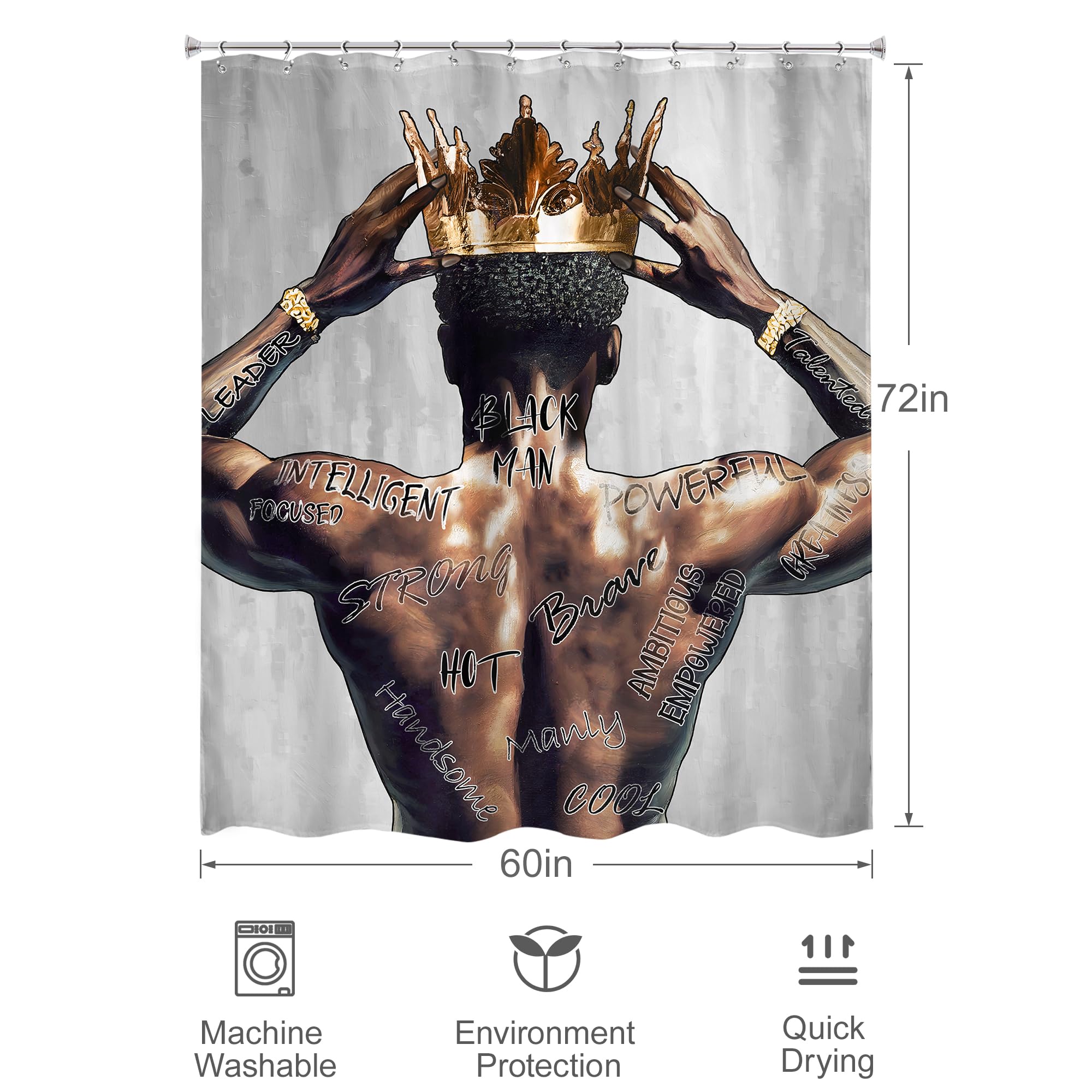 Omifly Black Man Shower Curtain 60Wx72H Inch African American King Modern Positive Motivational Inspirational Quotes Crown Cool