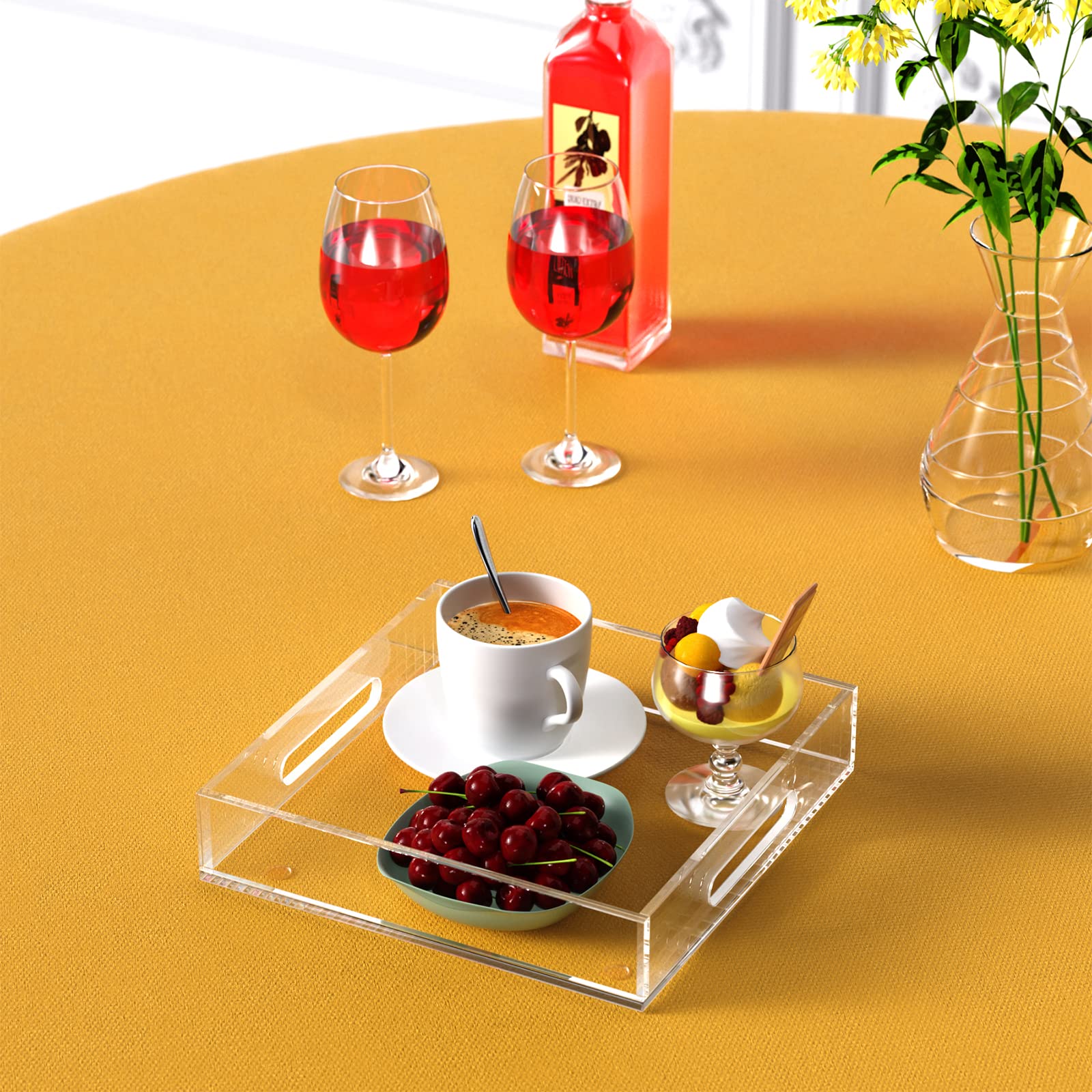 Kotemon Acrylic Serving Tray With Handles-12X12X2.36Inch-Decorative Tray Letter Tray Organizer For Ottoman Coffee Table Countert