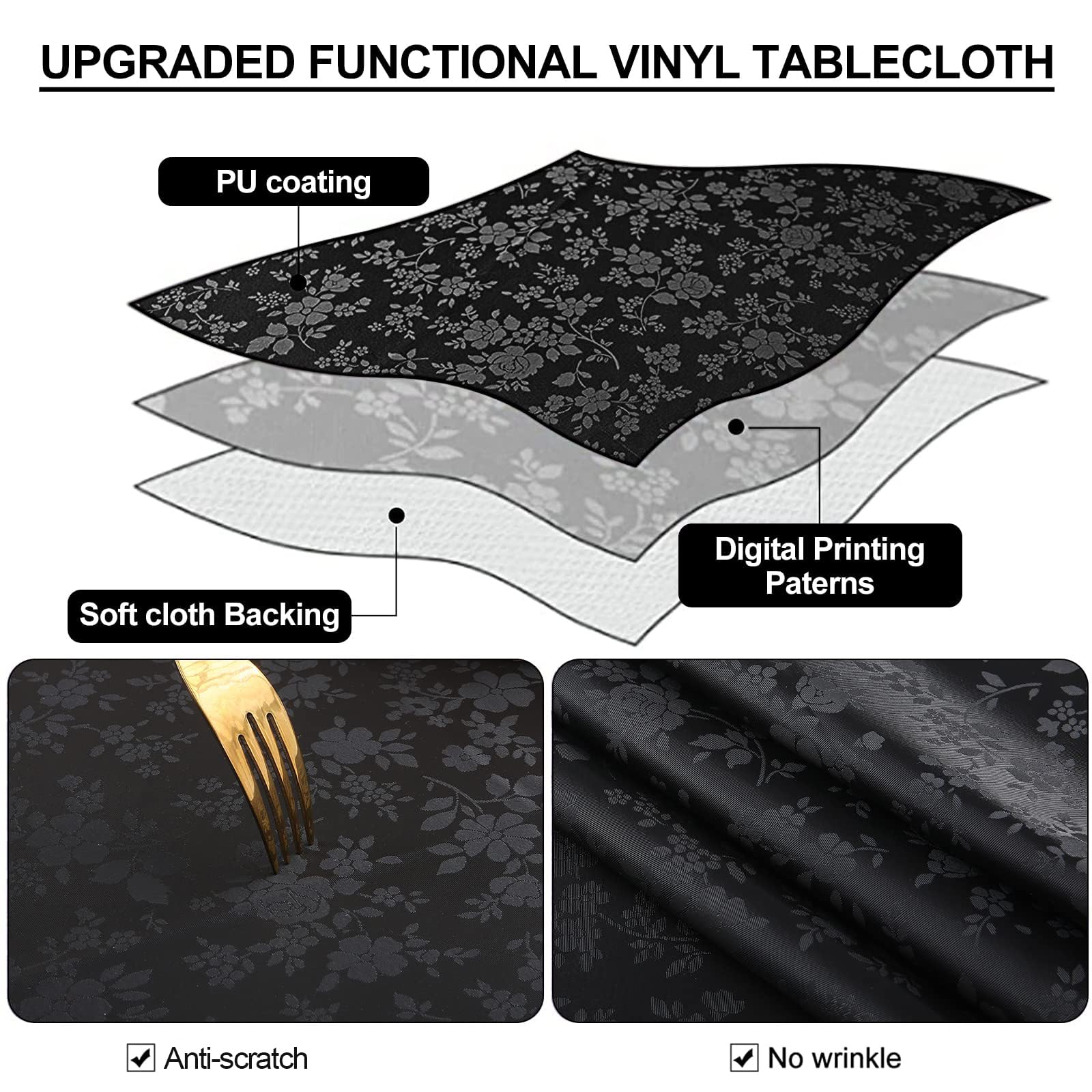 Smiry Round Table Cloth, Waterproof Heavy Duty Vinyl Tablecloths, Wipeable Washable Table Cover For Kitchen And Dining Room (Bla