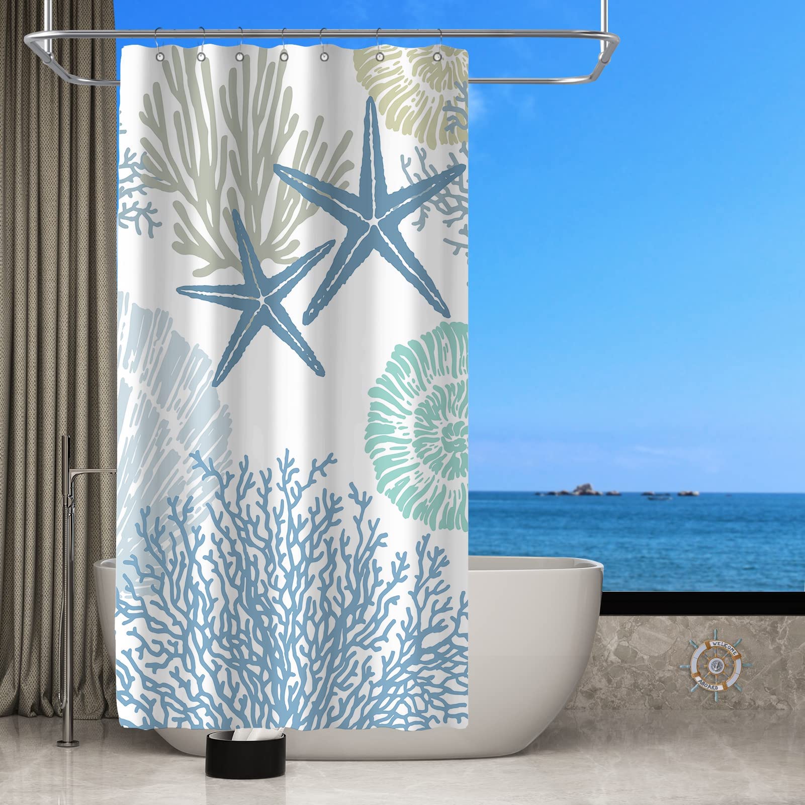 Tritard Stall Shower Curtain 36 x 72 - Small Nautical Coastal Waterproof Fabric Shower Curtains for Bathroom  Decorative Starfish Seashell Beach Themed Bath Curtain with 7 Hooks  Blue