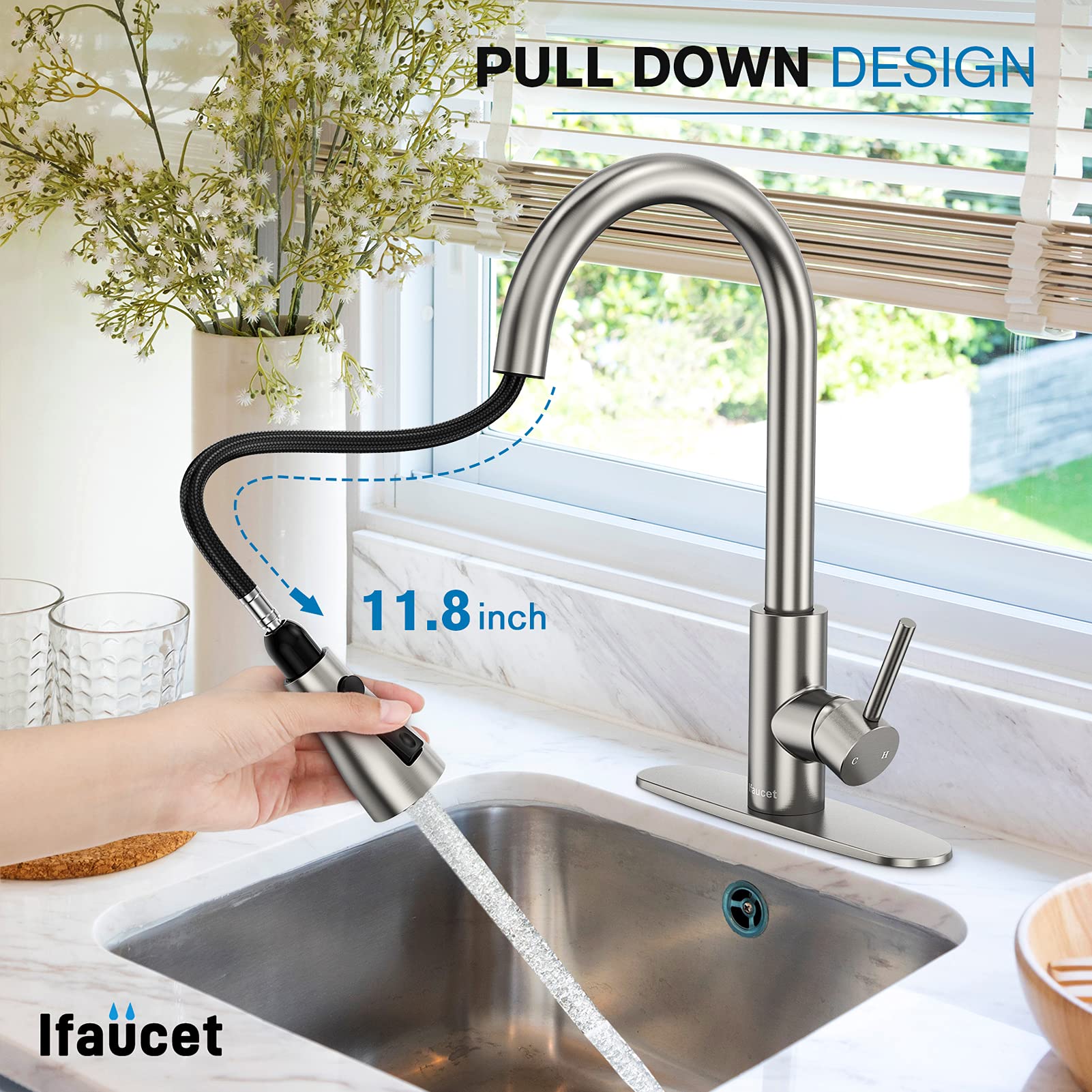 Kitchen Faucet with Pull Down Sprayer  Kitchen Faucets  High Arc Single Handle Kitchen Sink Faucet with Water Lines  Brushed Nickel Kitchen Faucet with Sprayer  RV Kitchen Sink Faucets