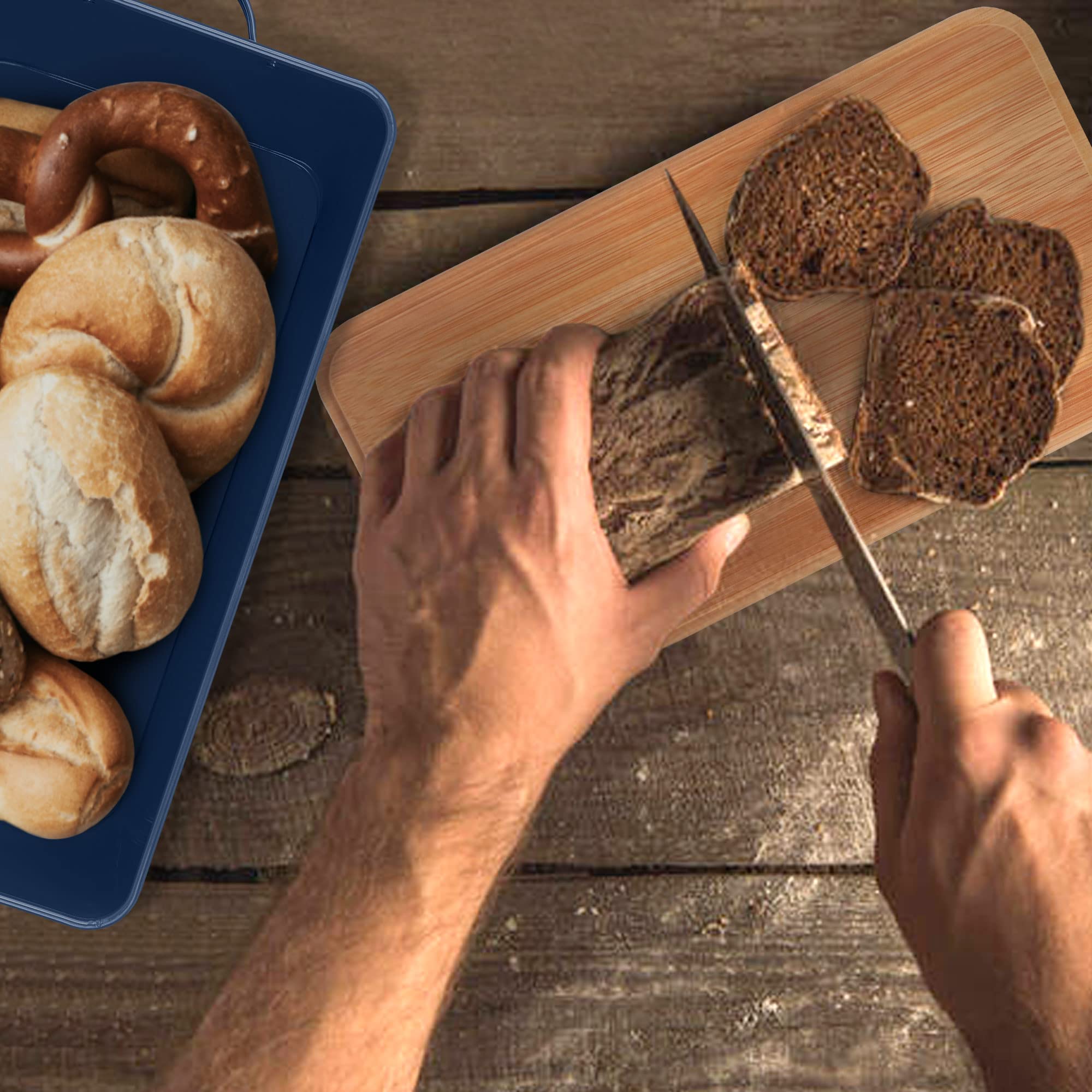 Lianyu Navy Blue Bread Box With Bamboo Cutting Board Lid, Large Farmhouse Metal Bread Storage Container For Kitchen Countertop,