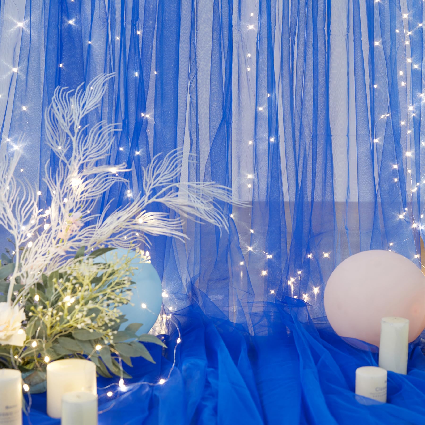 Royal Blue Backdrop Curtains with Lights String for Parites Wedding 10  8ft Sheer Tulle Backdrop Curtain for Graduation Ceremony