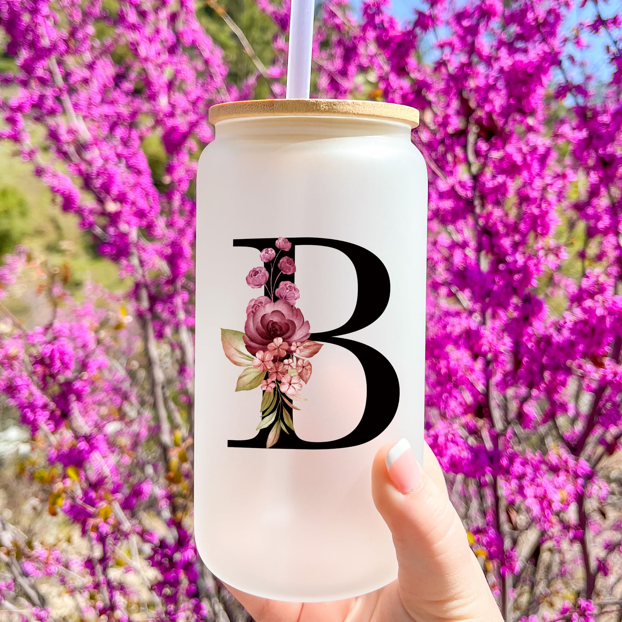 Personalized Gifts For Women, Monogrammed Frosted Glass Tumbler With Straw And Lid, Cute Customized Mug, Custom Initial Iced Cof