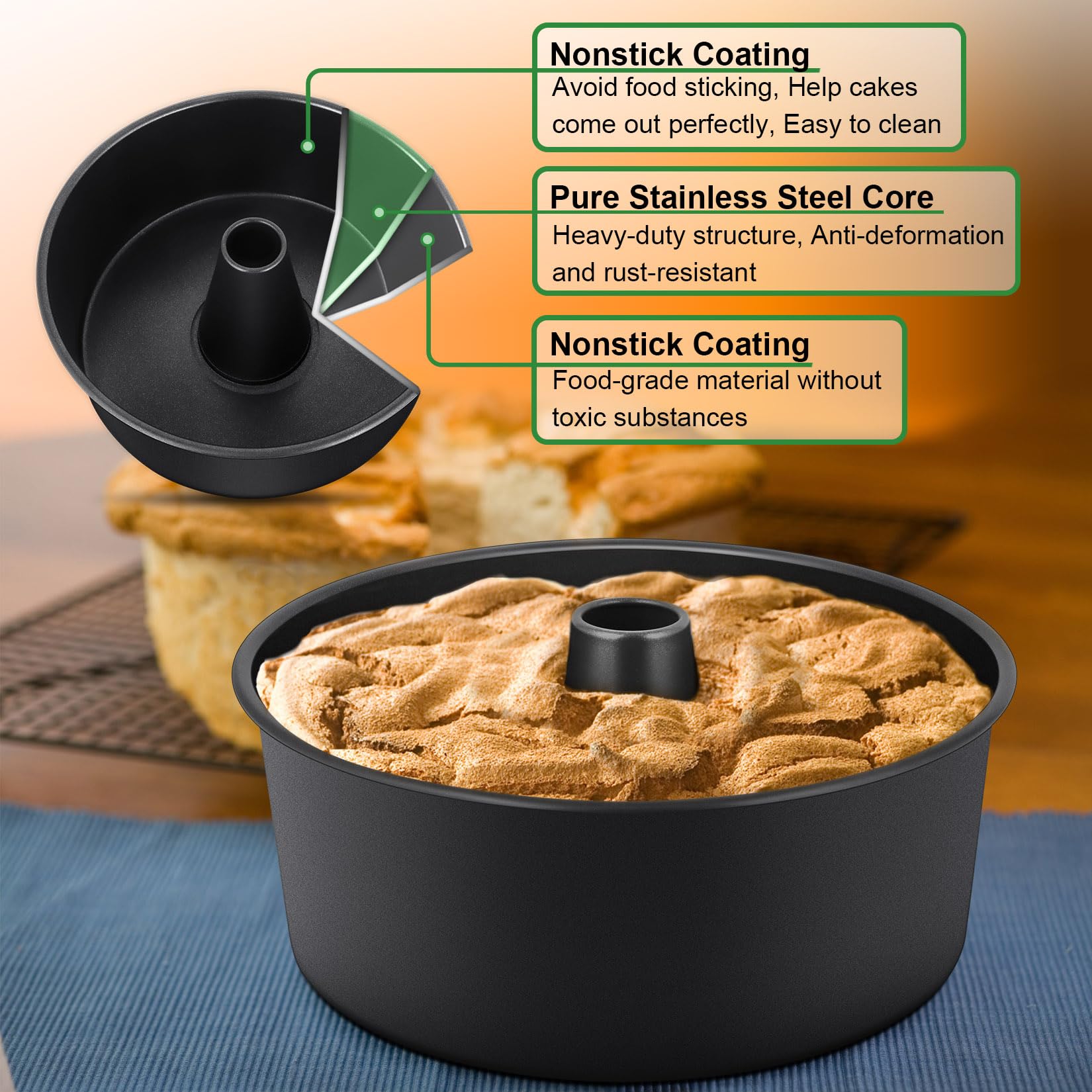 P&P Chef Nonstick Angel Food Cake Pan, 10 Inch Cake Pan Round Baking Tin, Tube Pan For Baking Pound Cake, Conical Hollow & One-P