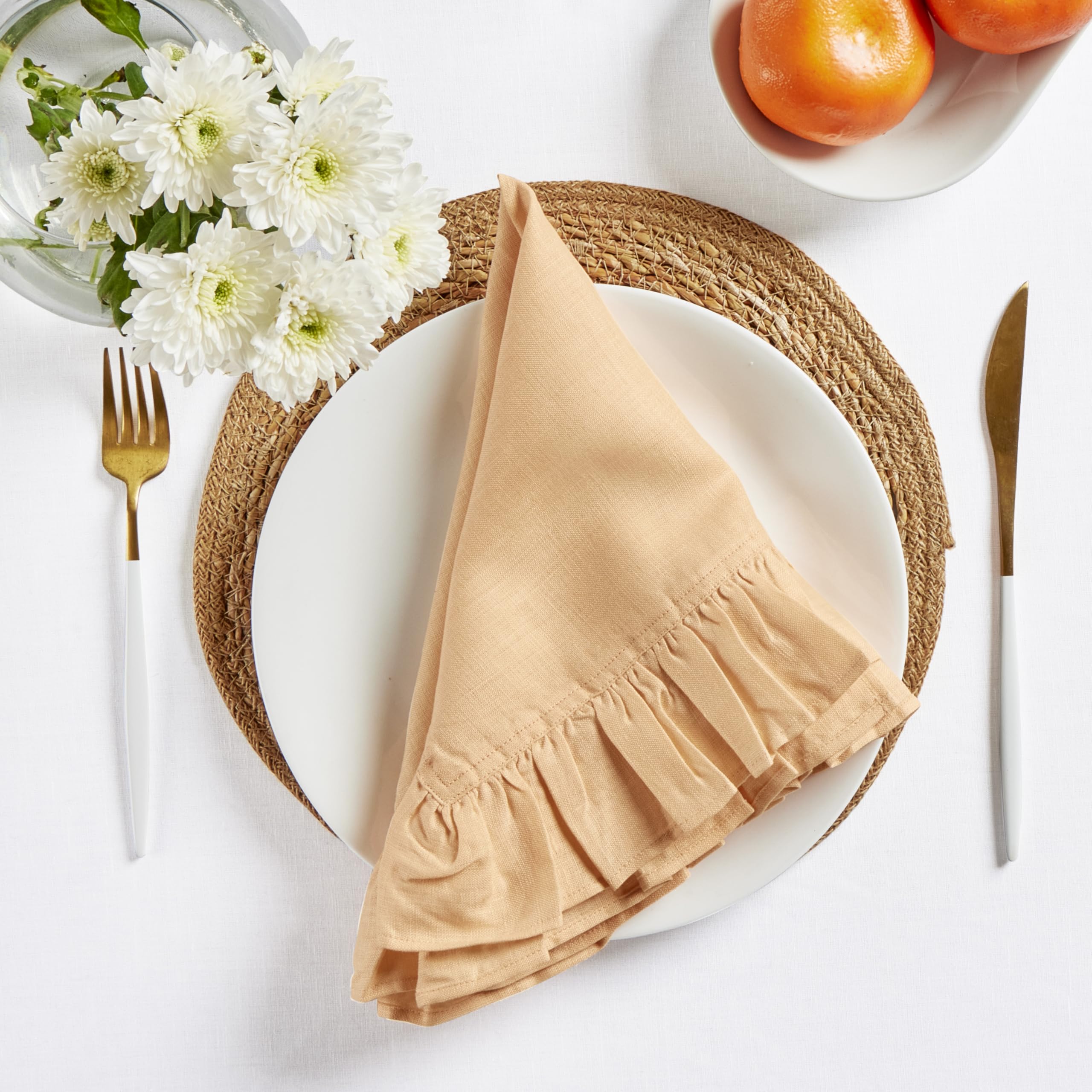 Solino Home Linen Ruffle Dinner Napkins 20 X 20 Inch - 100% Pure Linen Peach Cloth Napkins Set Of 4 - Gabrielle Ruffle, Handcraf