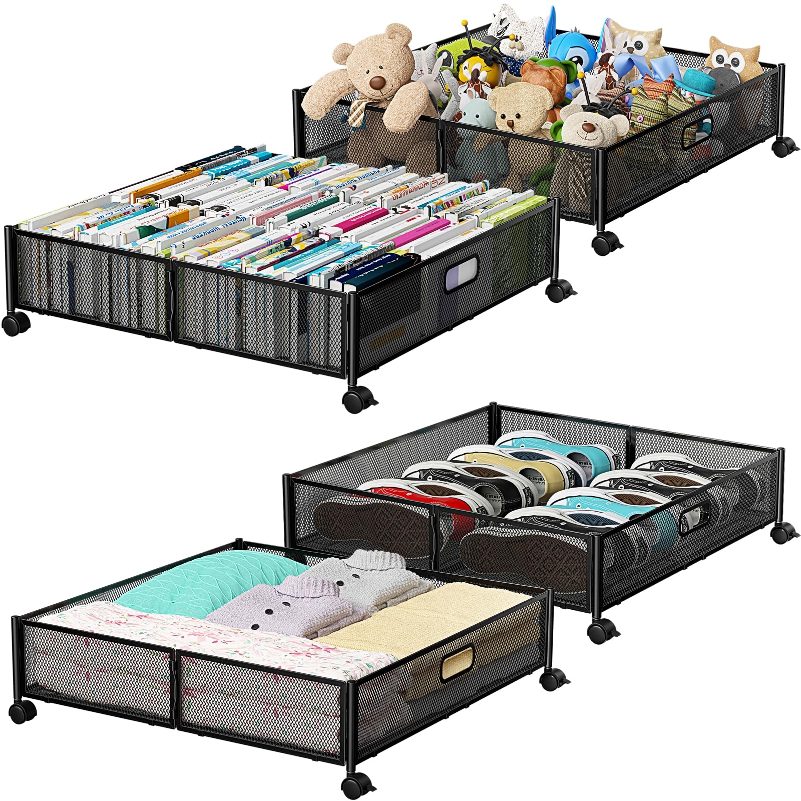 Under Bed Storage Containers with Wheels - Shoe Storage Organizer Drawer, Tool-free Assembly Metal Underbed Storage for Bedroom 