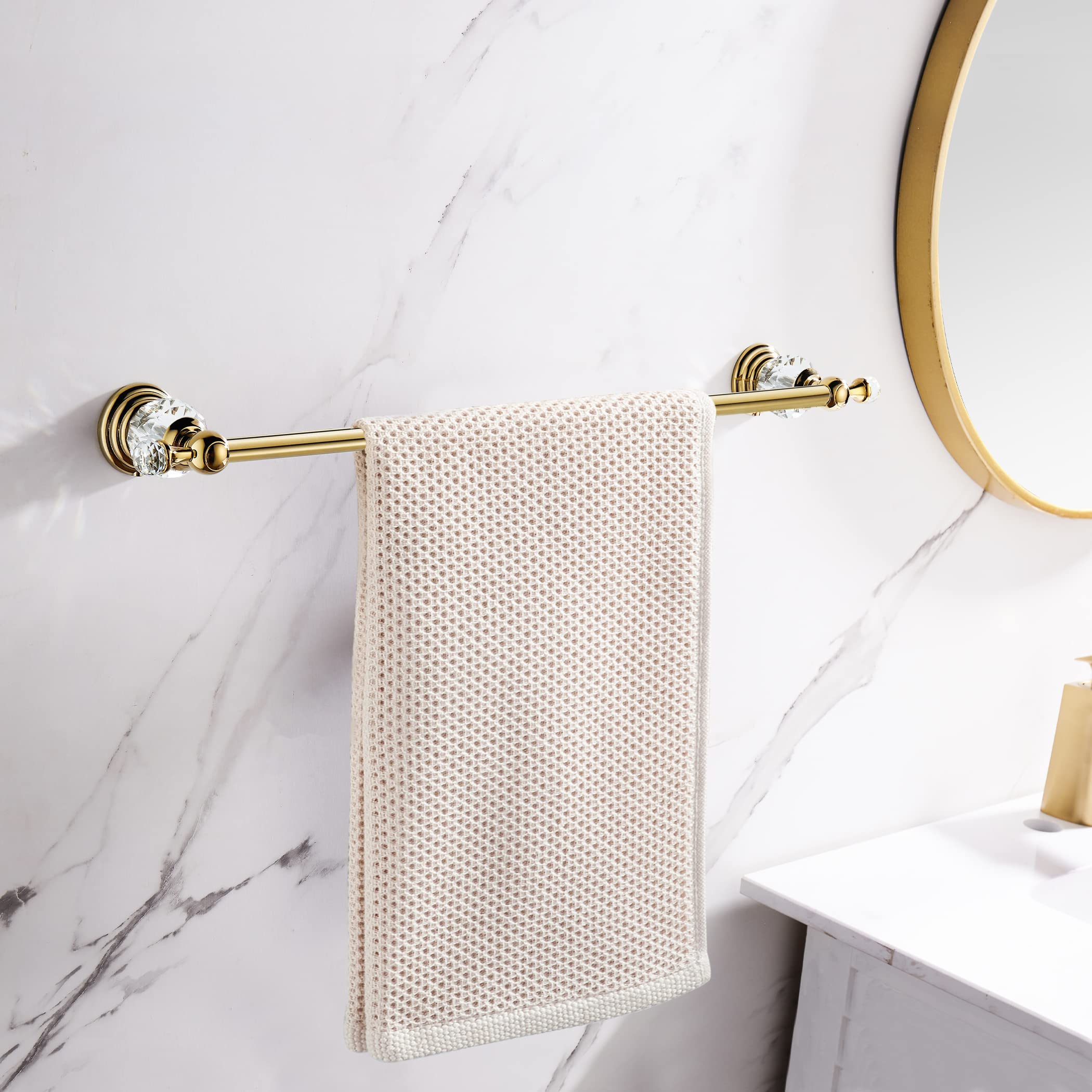 Wincase Gold Towel Bar, Adjustable Crystal Towel Holder, Golden Finished Bathroom Single Towel Racks Rail Wall Mounted