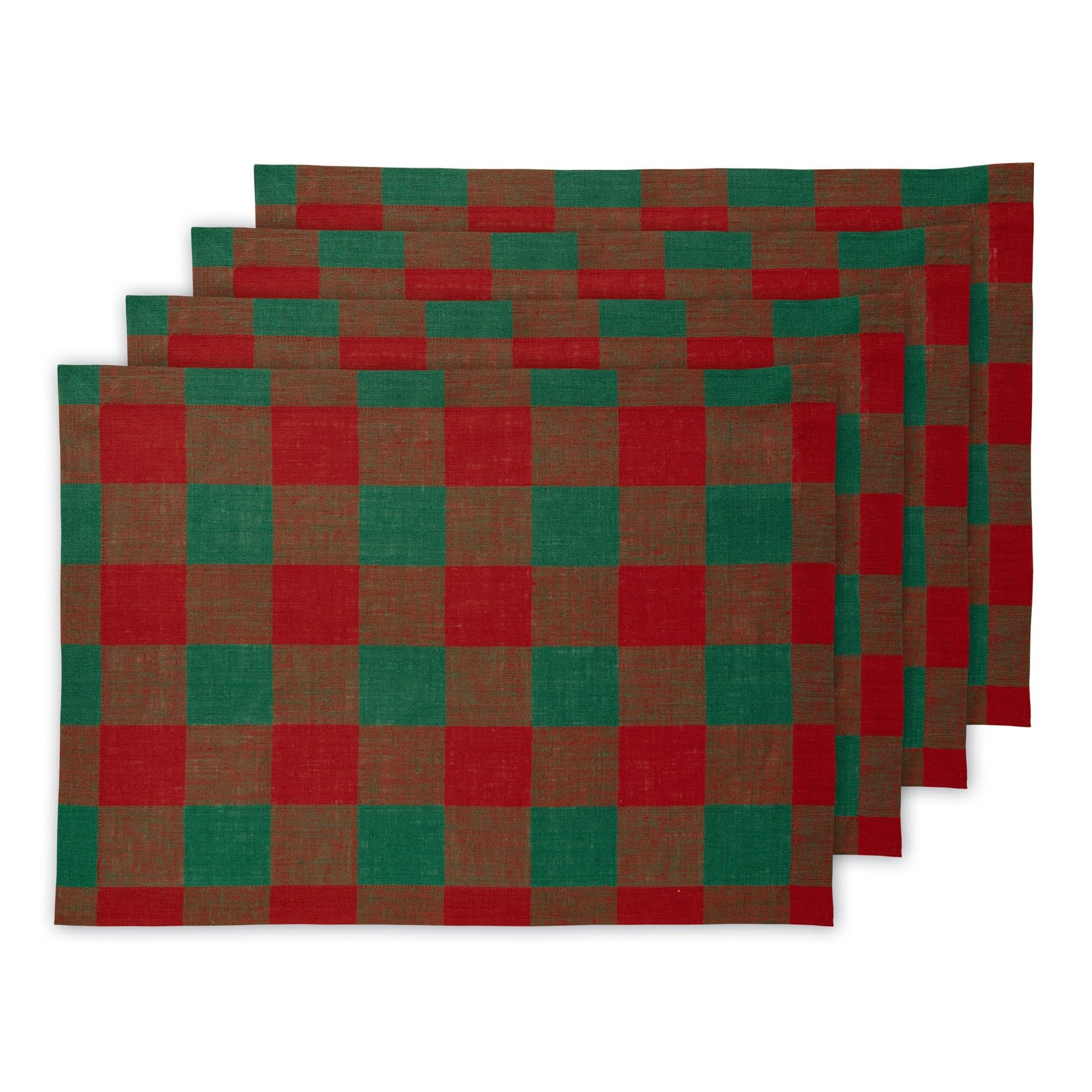 Solino Home Buffalo Check Linen Placemats 19'' L X 14'' W Inch - 100% Pure Linen Red And Green Plaid Cloth Placemats Set Of 4 -