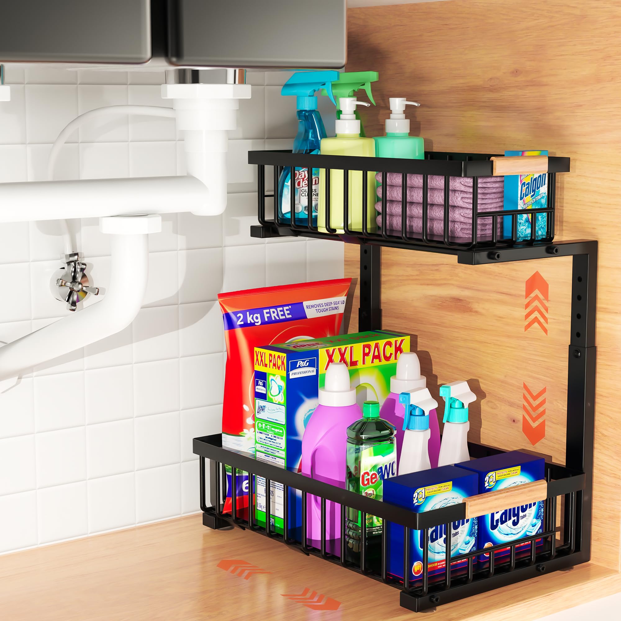 Under Desk Organiser, 2 Tier Pull Out Closet Organizer  Adjustable Height, Left Or Right Installed  Smooth Pull Out Drawers, H