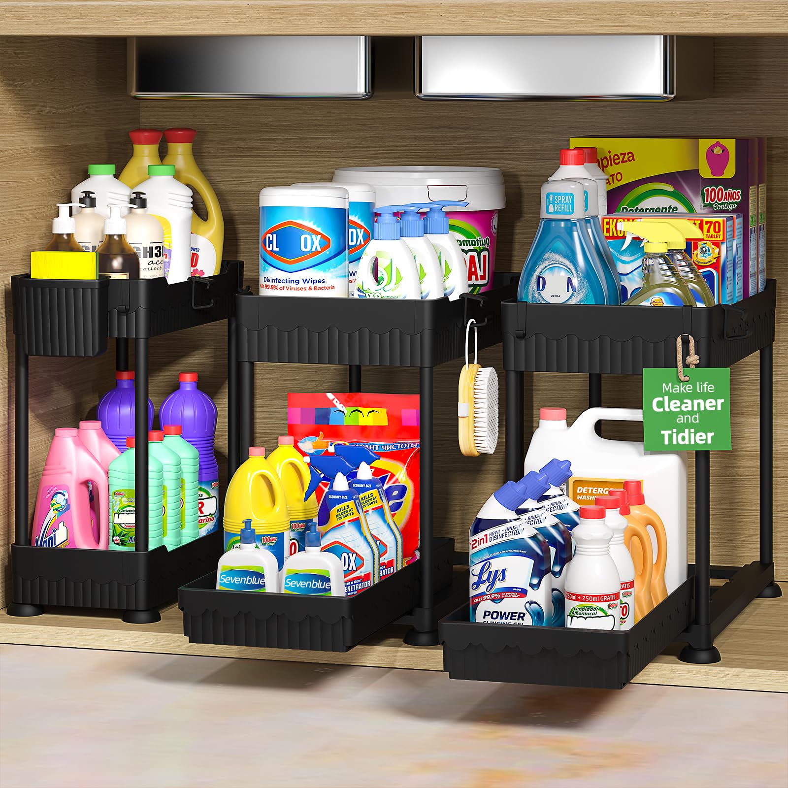 Sevenblue 3 Pack Under Sink Organizers, 2-Tier Multi-Use Kitchen and Bathroom Organizers and Storage with Sliding Drawers,Bathro