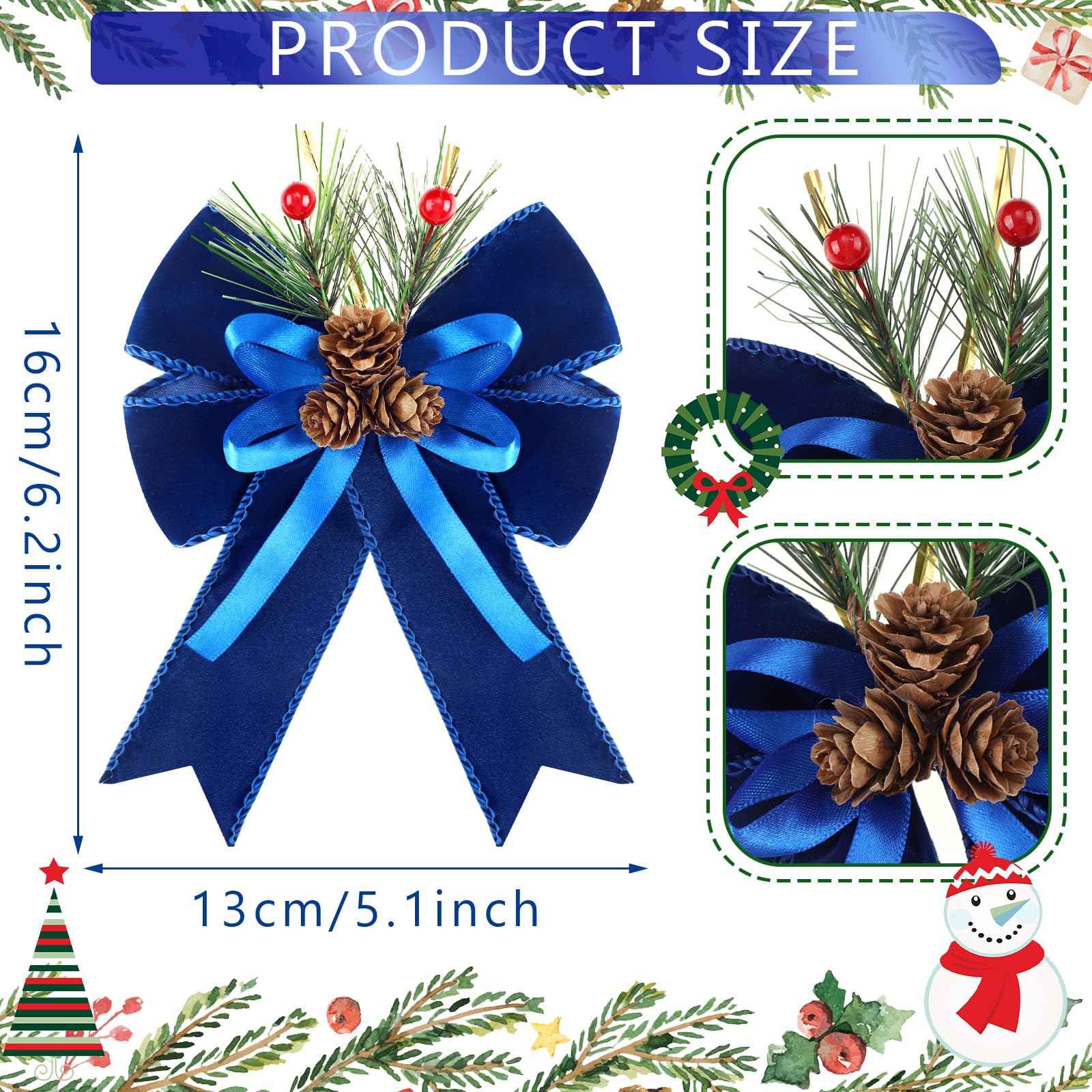 Syhood 6 Pcs Christmas Bows with Pine Cones Pine Needles Xmas Blue Velvet Bows Blue Velvet Ribbon Christmas Tree Wreath Decorati