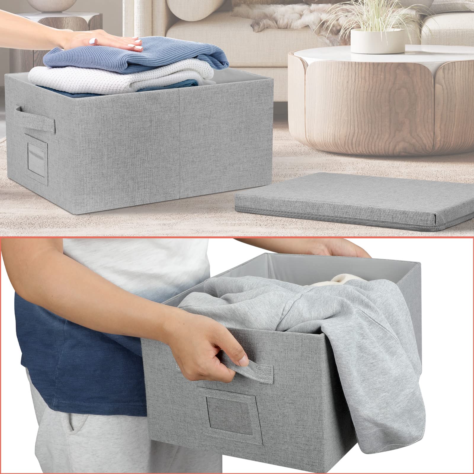 Graciadeco 22.8Qt Closet Storage Boxes With Lids Gray Folding Keepsake Storage Bins Stackable Flat Lidded Carboard Storage Conta