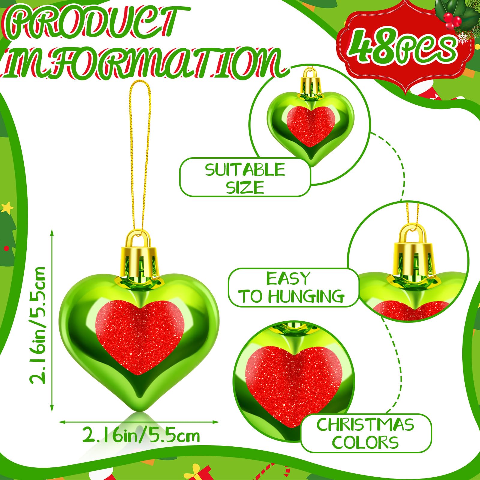 48 Pcs Christmas Green Heart Ornaments Green Heart Christmas Tree Hanging Ornaments for Xmas Tree Holiday Parties Decor
