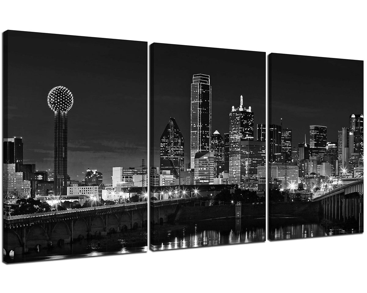 Nan Wind 3 Pcs Wall Art Dallas Skyline Black & White Canvas Art Paintings For Room Decor Dallas Cityscape Skyscrapers Night Scen