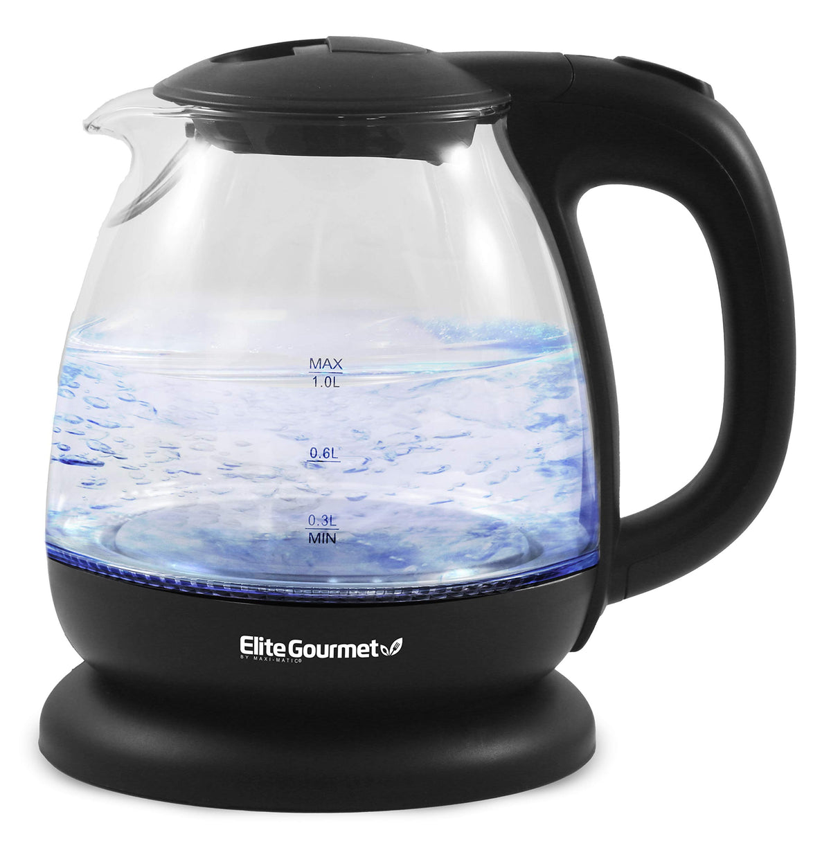 Elite Gourmet Ekt1001 Electric 1.0L Bpa-Free 1100W Glass Kettle Cordless 360 Base, Stylish Blue Led Interior, Handy Auto Shut-Of