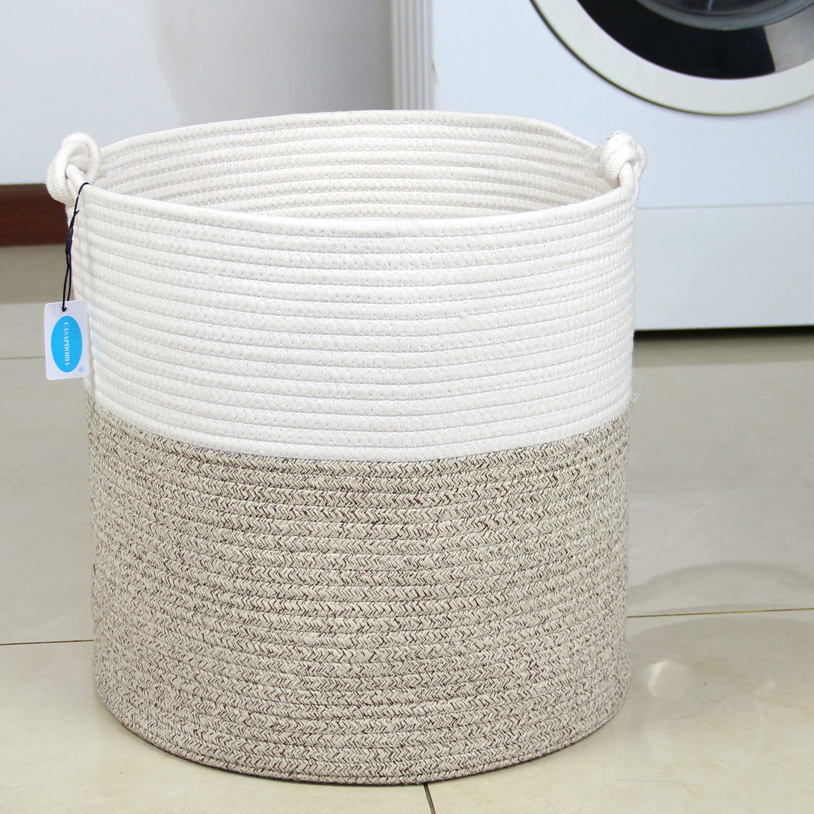 Casaphoria Natural Woven Cotton Rope Storage Basket for Organizing Towels Blanket Laundry Baskets for Bathroom Tall Laundry Basket for Bedroom Bicolor Round Woven Hampe with Handles for Living Room