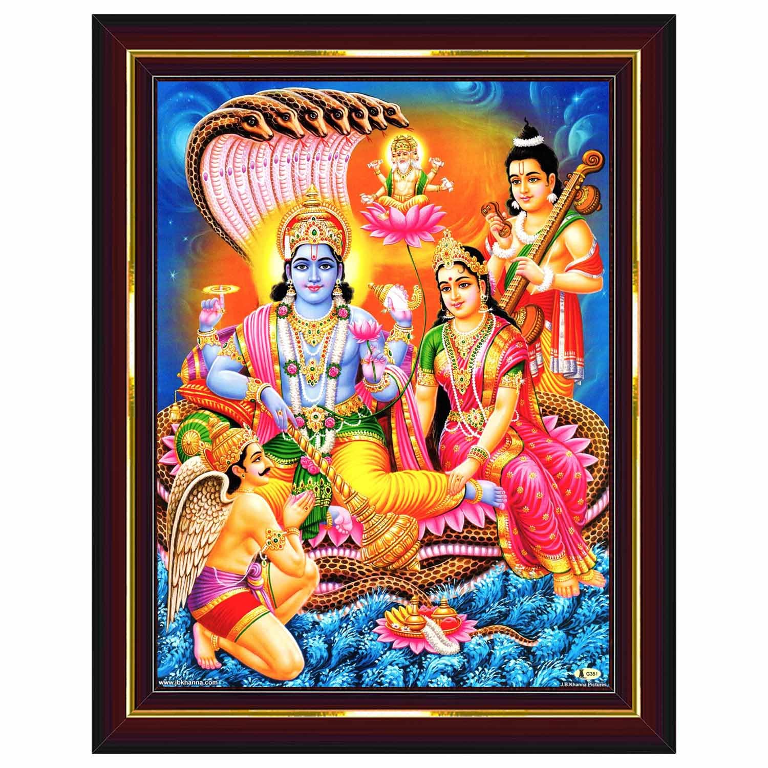 Pavan Photo Laminations Lord Vishnu Dev Lakshmi Devi Laxmi Narayan Wall Painting Framed Home Decor (Wood,Matte,Brown,Small Size,