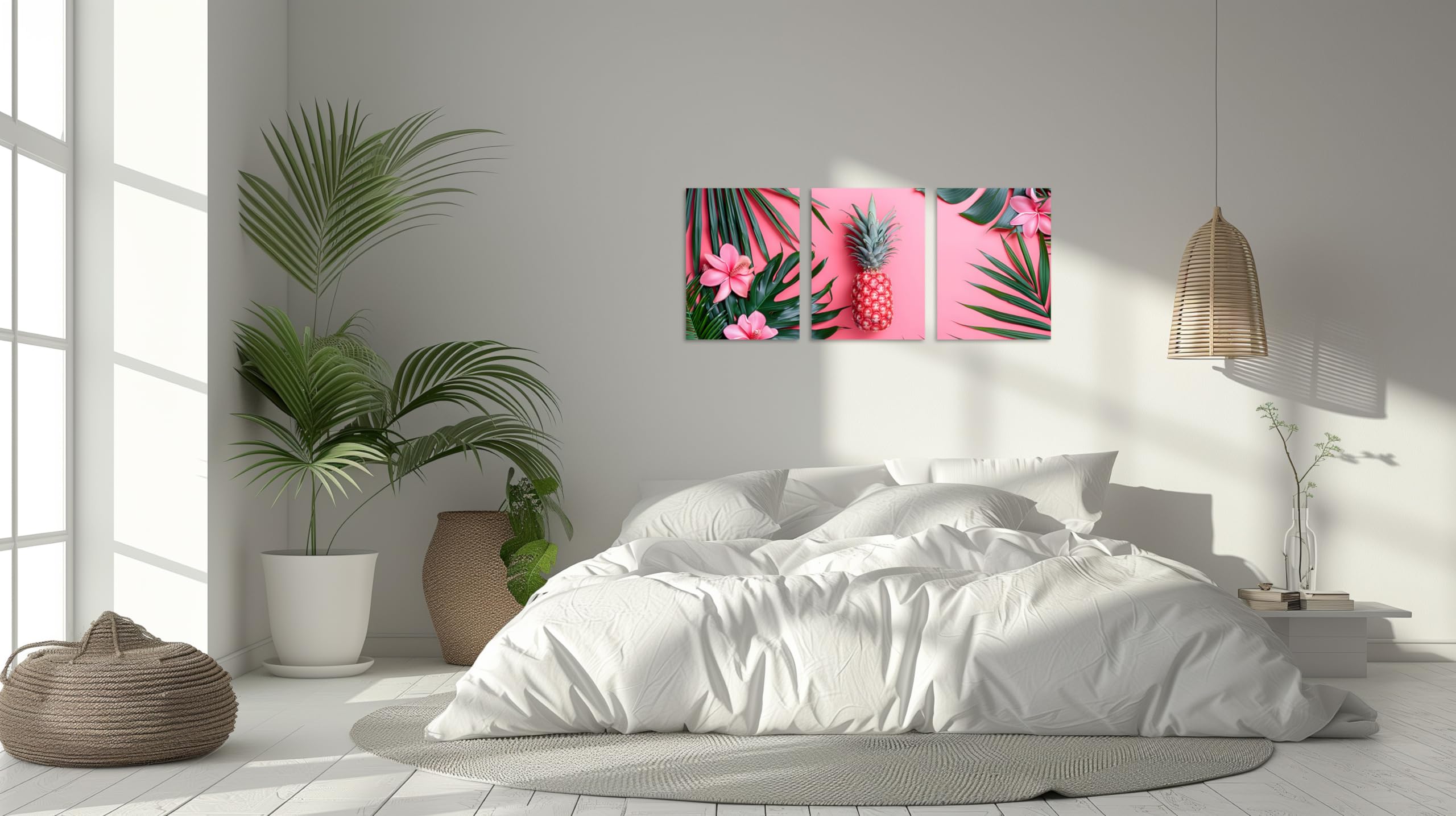 Tutubeer 3 Pcs Tropical Pictures Tropical Palm Leaves And Pink Pineapple Flower Picture Tropical Wall Art Canvas Green And Pink