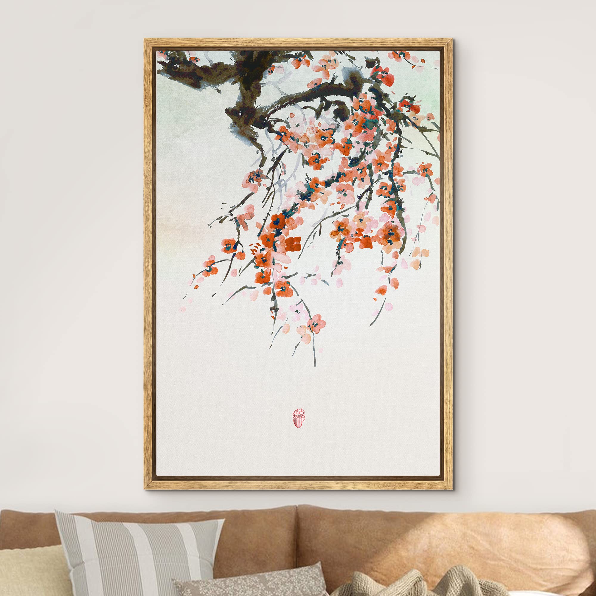 NWT Framed Canvas Print Wall Art Japanese Style Cherry Blossoms on Tree Branch Floral Plants Illustrations Modern Art Rustic Scenic Colorful Pastel for Living Room  Bedroom  Office - 16''x24'' Natural