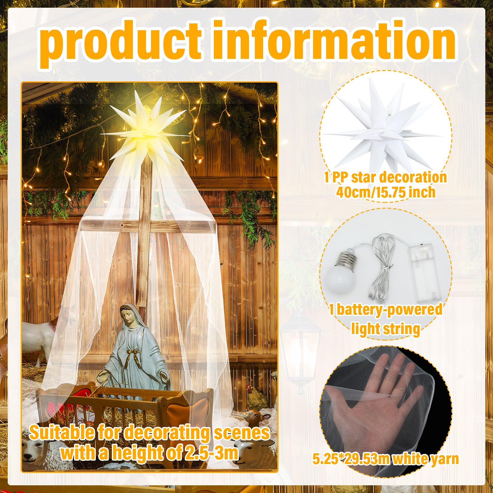 Threlaco 3 Pcs Nativity Scene with 1.6 x 9 m Draping Fabric, Church Decor and Classical Bethlehem Star Lights - Religious Decora