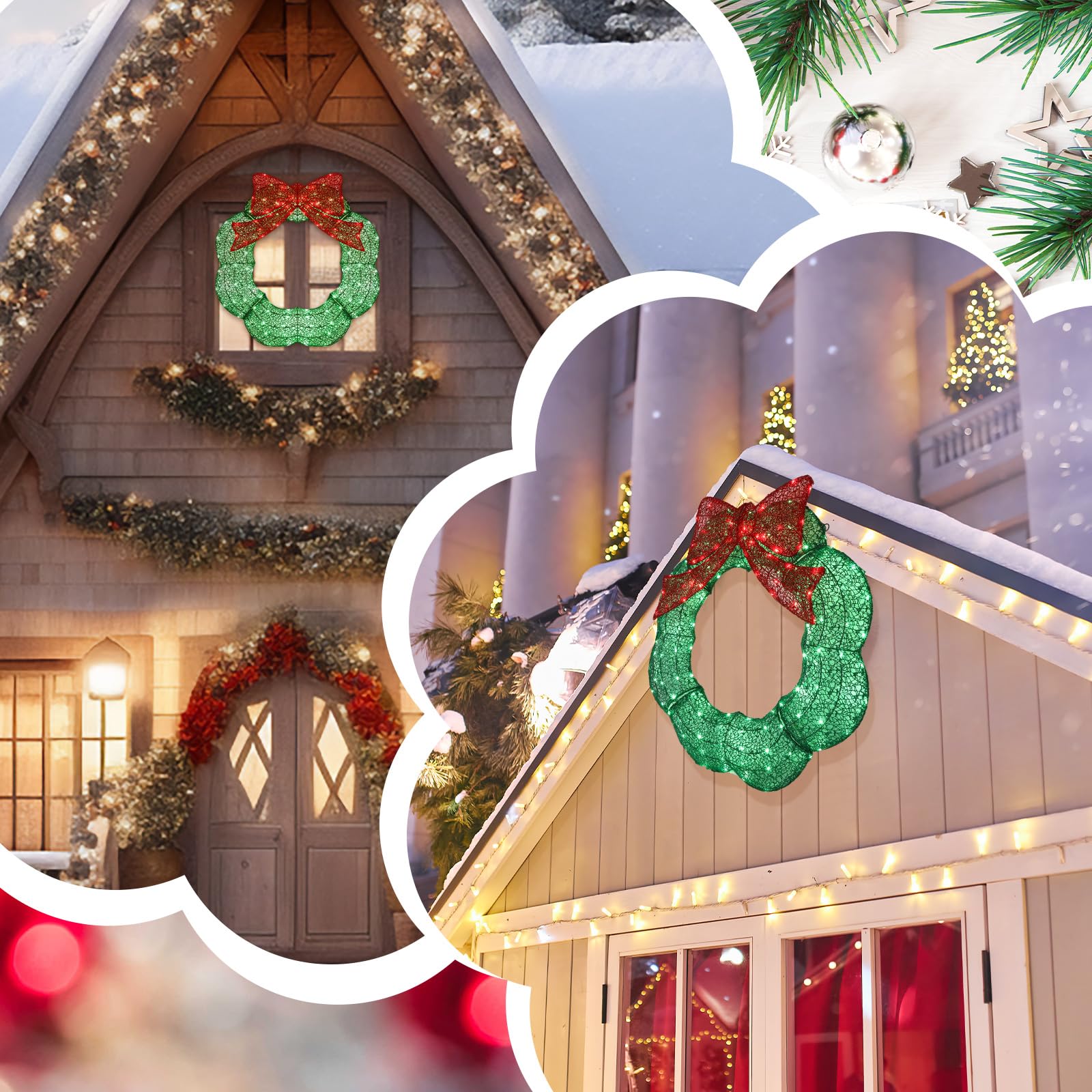 Baquler 36 Inch Pre-lit Christmas Wreath Decoration Metal Xmas Wreath Outdoor with Red and Green Led Lights for Home Garden Yard