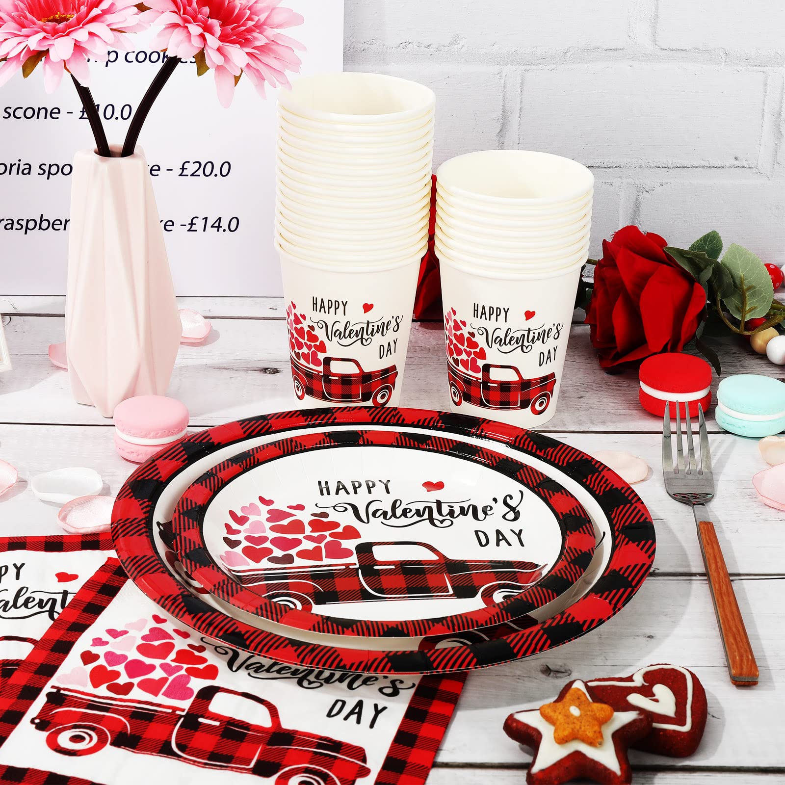 Whaline 100Pcs Valentine'S Day Tableware Set Buffalo Plaid Heart Truck Disposable Dinnerware Set 50Pcs Paper Plates 25Pcs Napkin