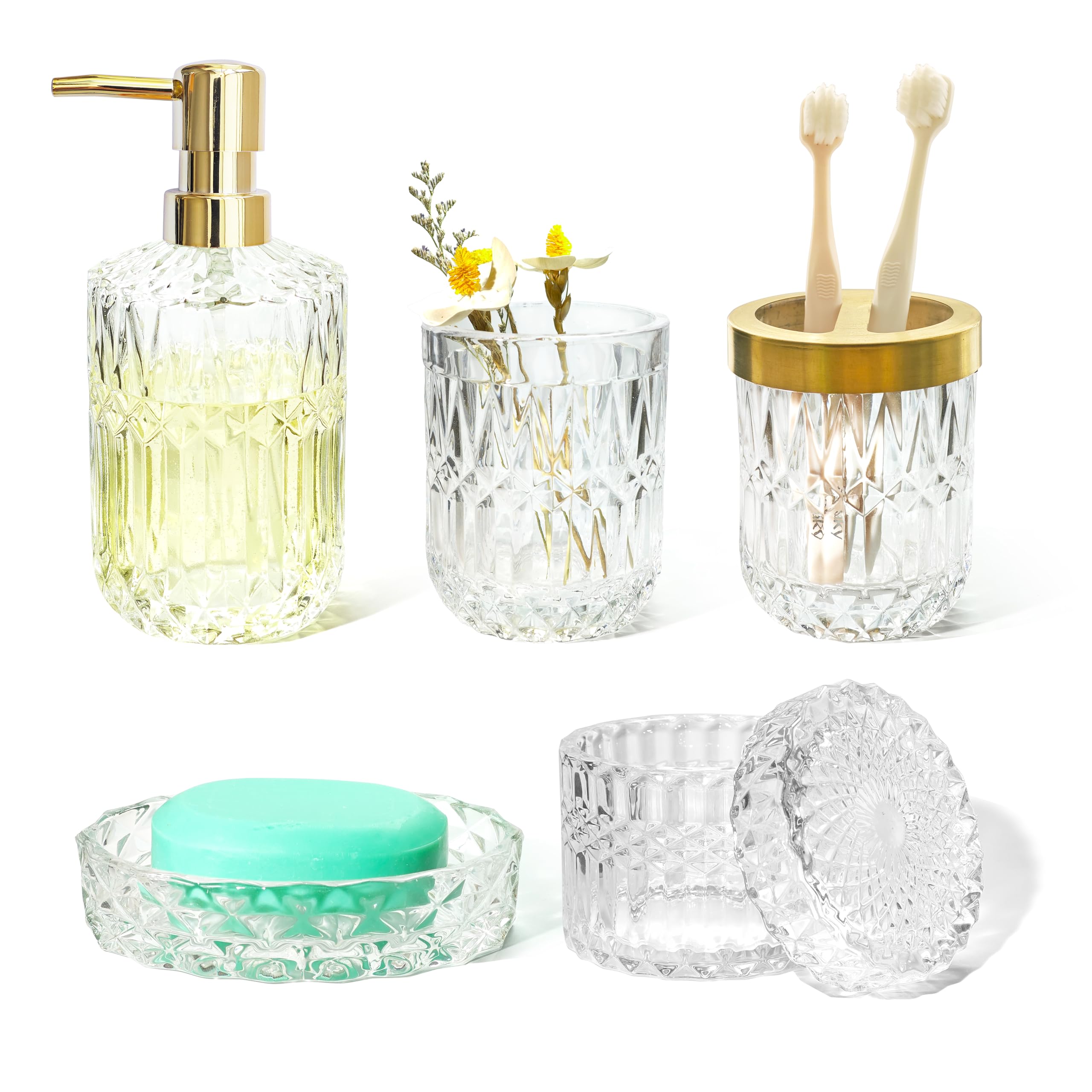LaMarriti 5Pcs Clear Glass Bathroom Accessories Complete Set  Lotion Dispenser  Soap Dish  Tumbler  Cotton Swab Jars  Toothbrush Holder Set  Christmas Bathroom Decor and Gift Set  Crystal Clear
