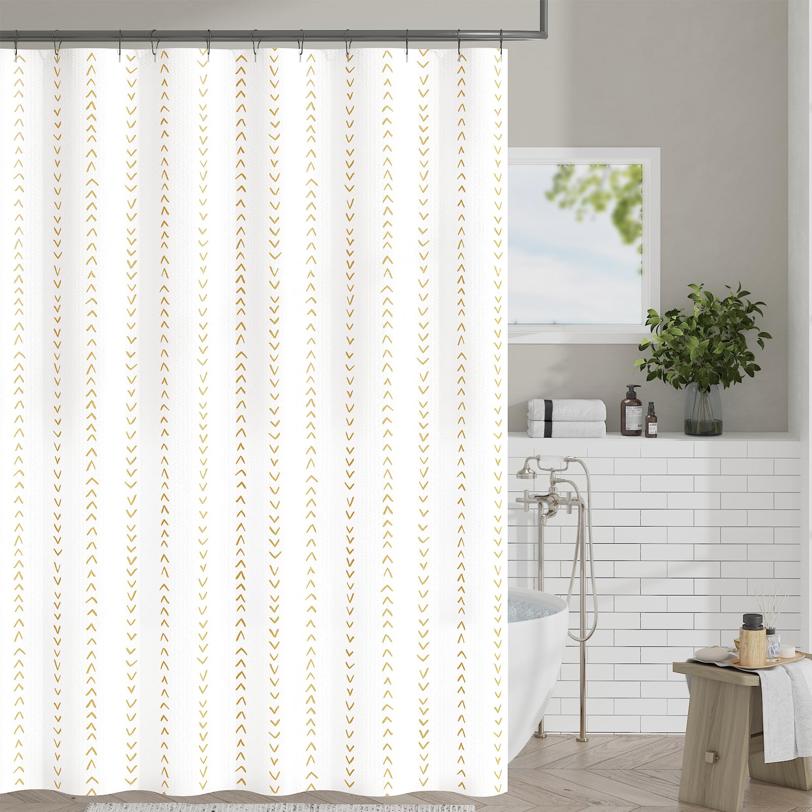 jinchan Taupe and White Boho Shower Curtain Herringbone Zig Zag Waterproof Fabric Bohemian Modern Farmhouse Arrow Geometric Show