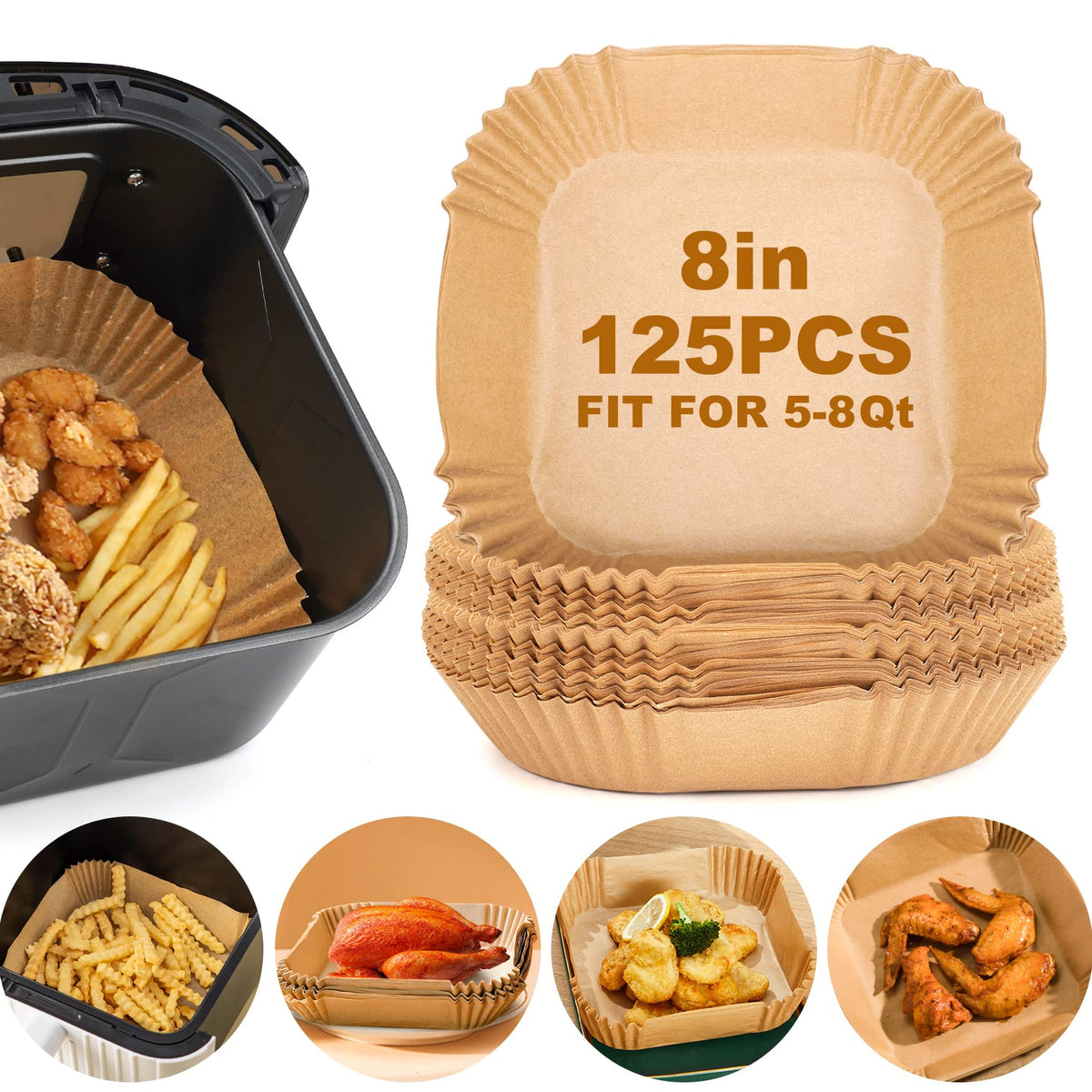 Air Fryer Paper Liners,125Pcs Parchment Paper, Air Fryer Disposable Paper Liner For Microwave, Non-Stick Air Fryer Liners Square