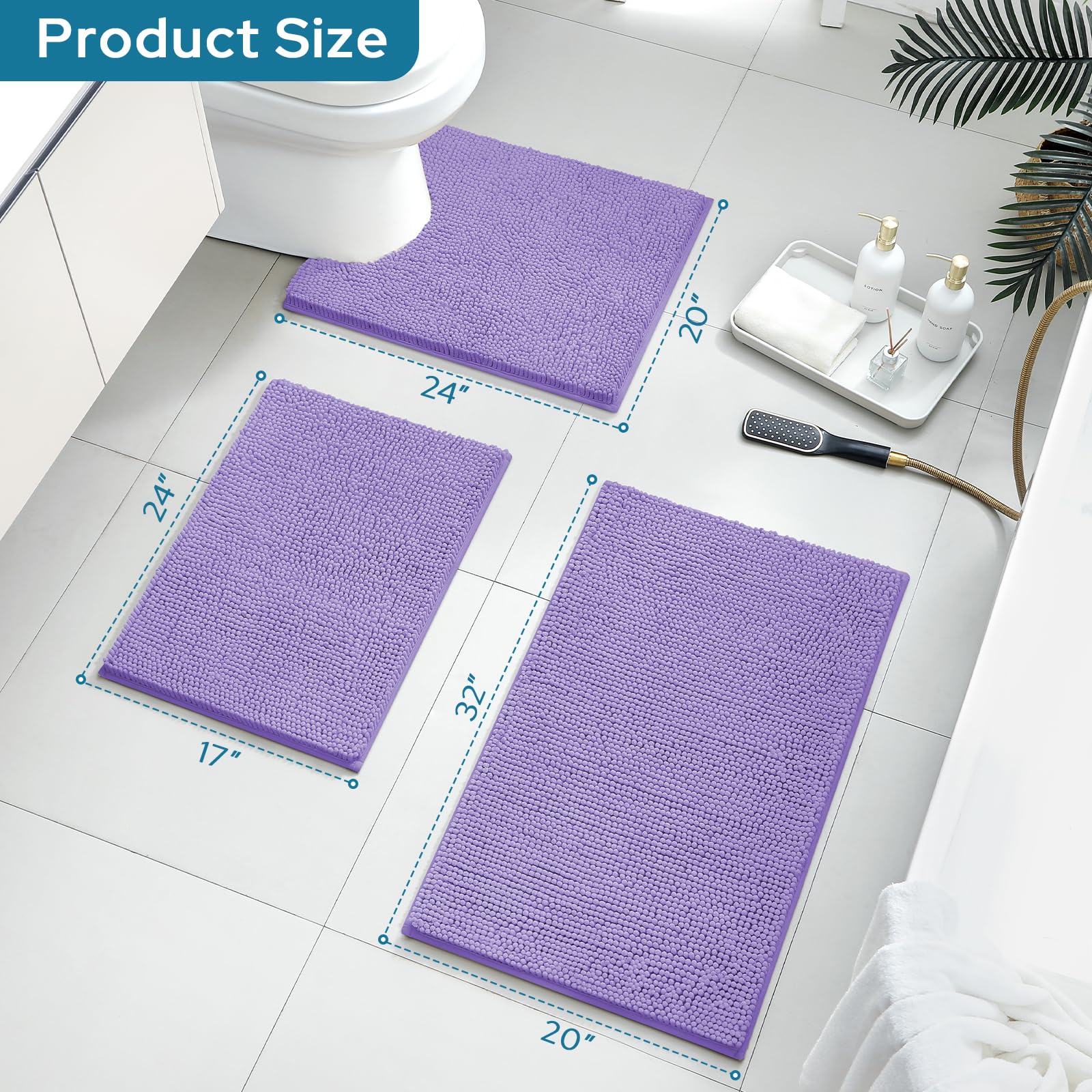 BYSURE Lavender Bathroom Rugs Sets 3 Piece Non Slip Extra Absorbent Plush Chenille Soft Washable Bath Rugs and Mats Set