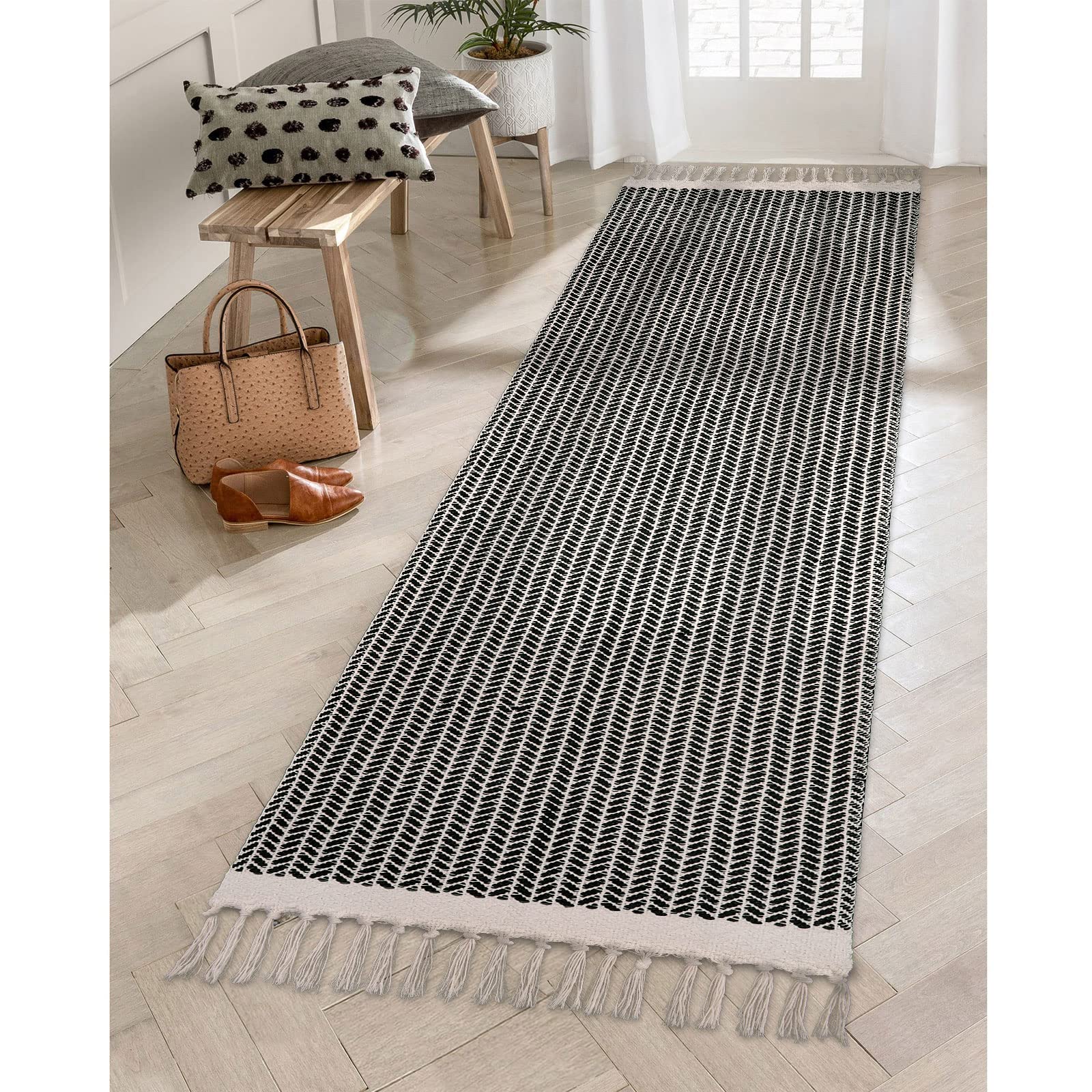 Lahome Boho Hallway Runner Rug, 2x7 Bathroom Runner Lightweight Entry Runner Woven Cotton Black Runner Rug with Tassels, Farmhou