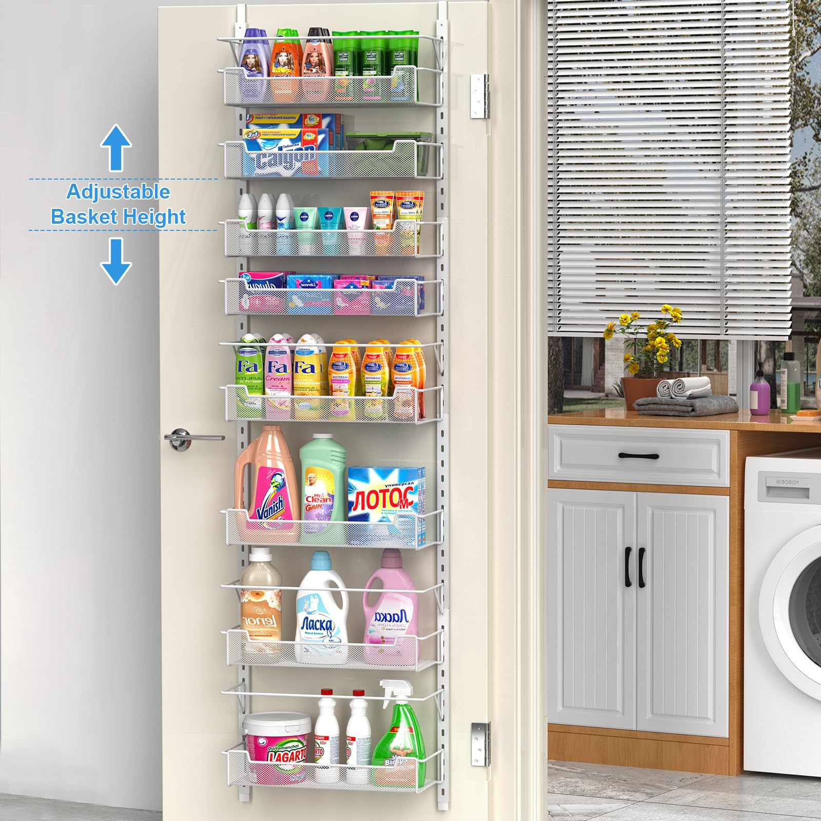 VyGrow Over the Door Pantry Organizer, 8-Tier Over the Door Organizer with Adjustable Hooks and Basket, Pantry Door Organization