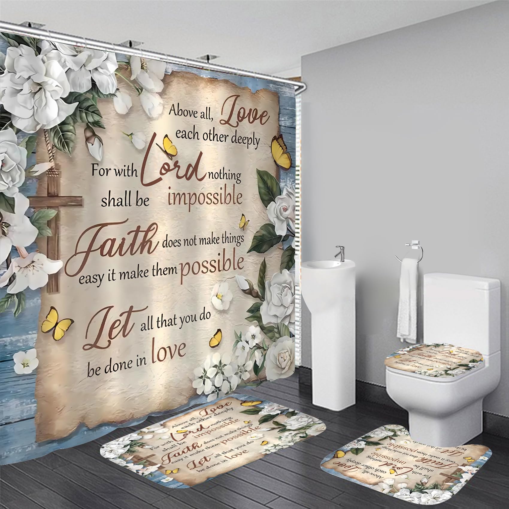 Azhm Relief Daisy Shower Curtain Set 4Pcs Blue And White Floral With Butterfly 3D Design Farmhouse Country Bathroom Curtain Deco