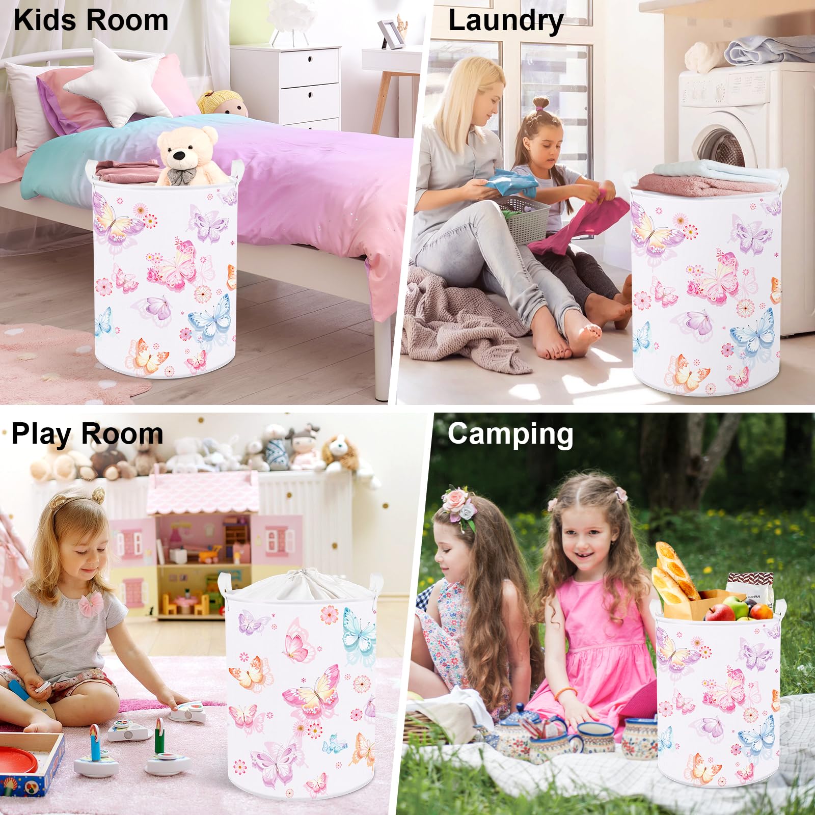 Clastyle Large Purple Pink Butterfly Laundry Basket Waterproof Flower Clothes Nursery Hamper for Baby Girl Collapsible Toy Stora