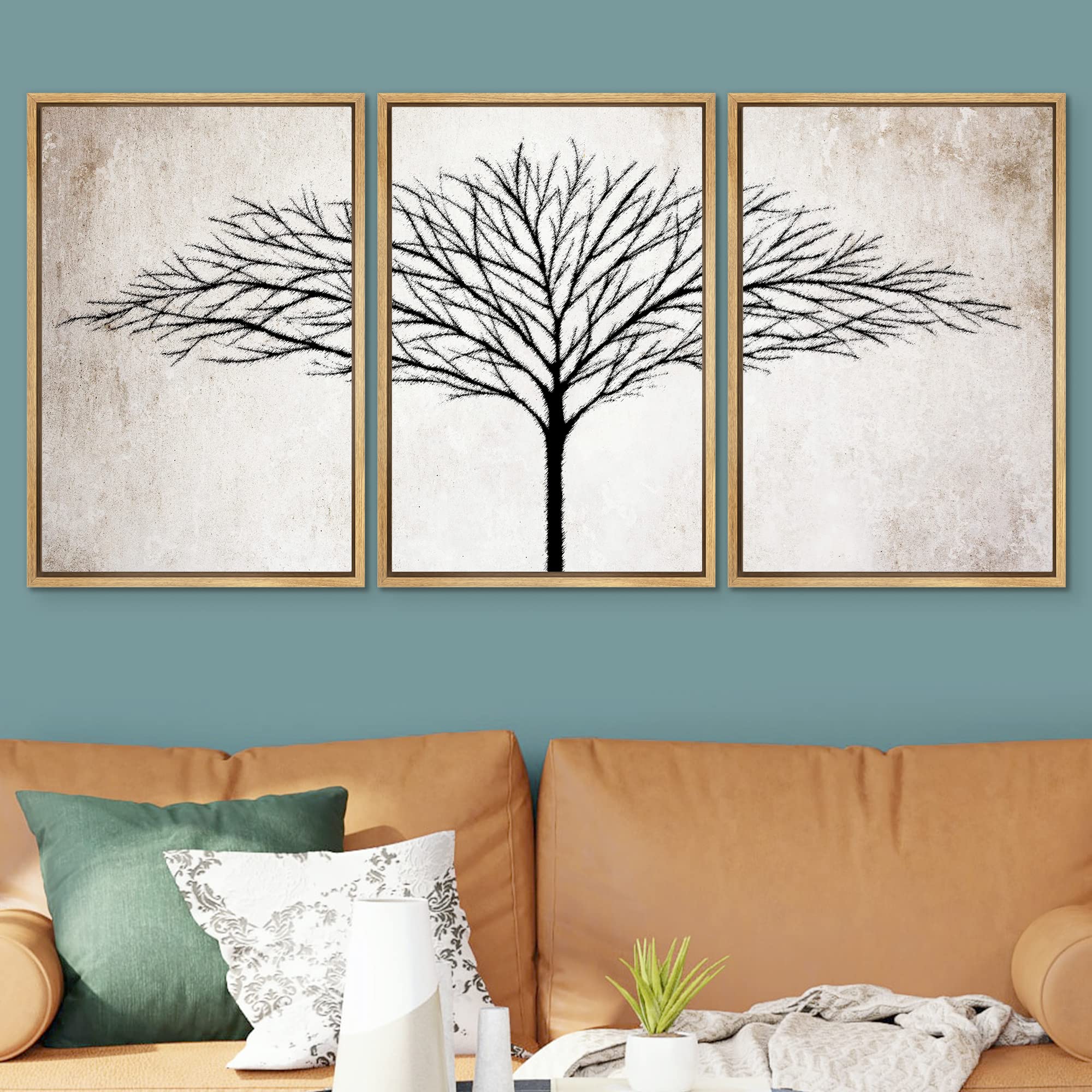 Signwin Framed Canvas Print Wall Art Set Grunge Tree Silhouette Wilderness Plants Illustrations Modern Art Farmhouse/Country Lan