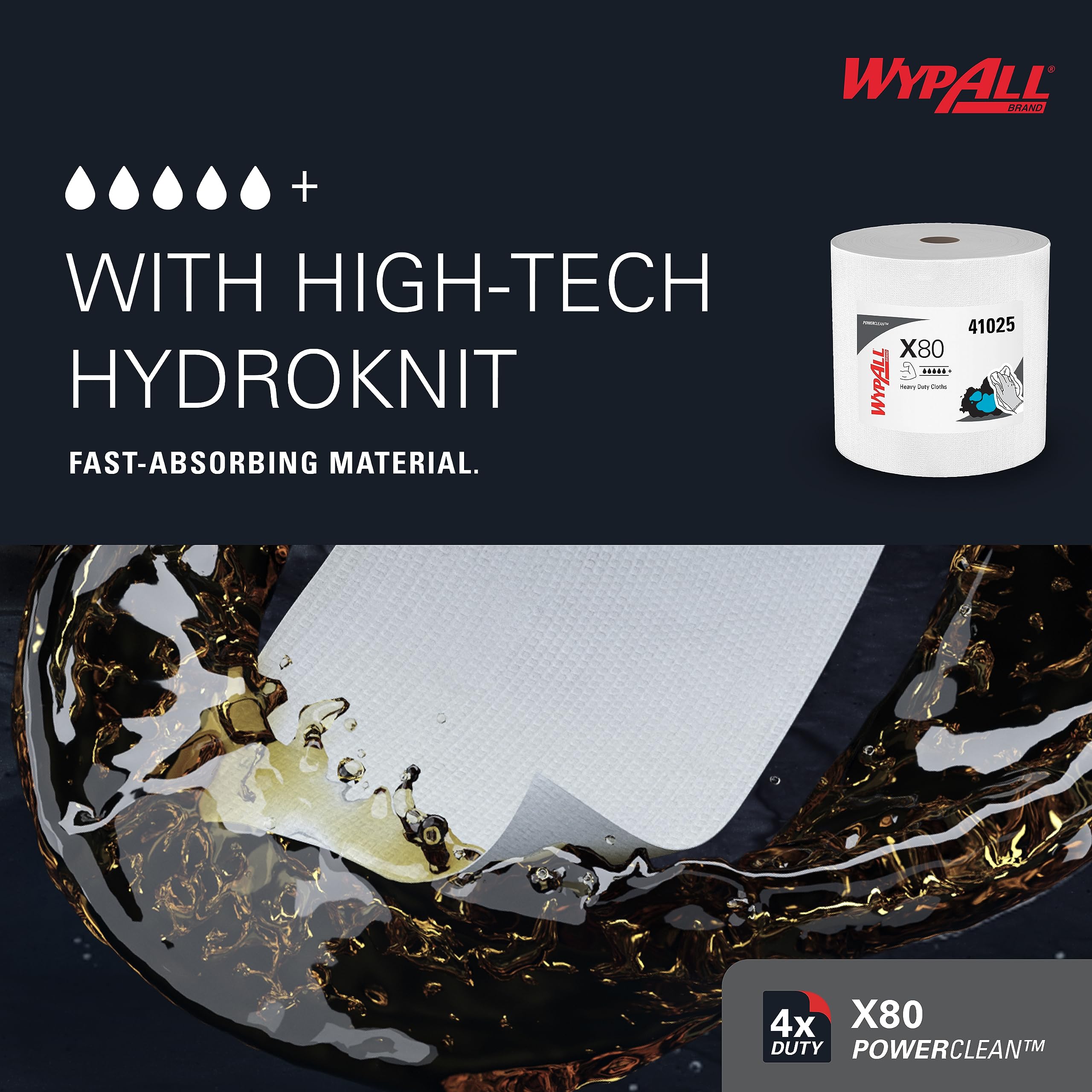 Wypall Power Clean X80 Heavy Duty Cloths (41025), Extended Use Cloths Jumbo Roll, White, 475 Sheets / Roll; 1 Roll / Case