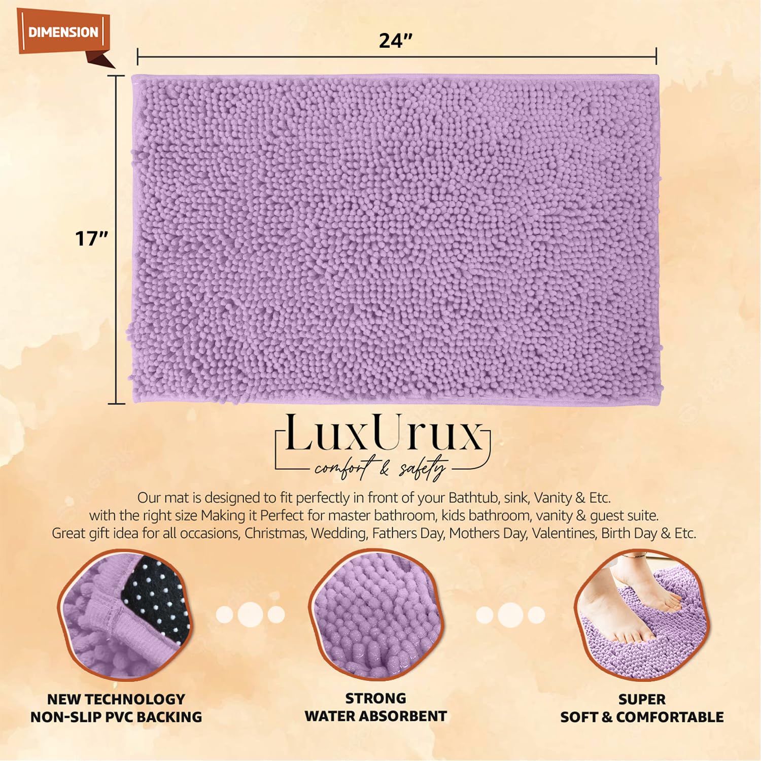 Luxurux Lavender Bathroom Rugs-Extra-Soft Plush Bath Shower Bathroom Rug,1'' Chenille Microfiber Material, Super Absorbent Shagg