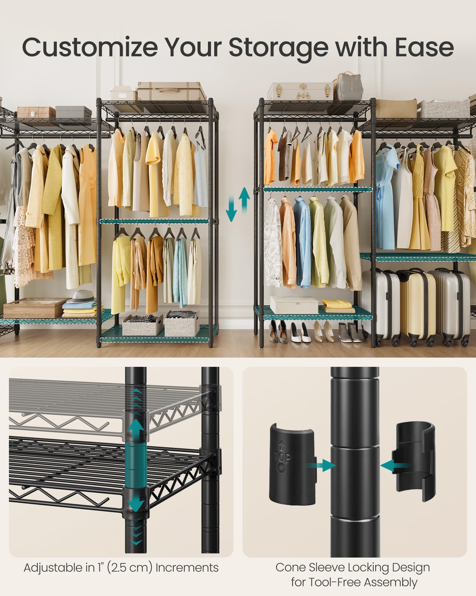 Songmics Portable Closet, Heavy-Duty Clothes Rack, Garment Rack, 68.7-Inch Wide Clothing Rack With Adjustable Mesh Shelves And H